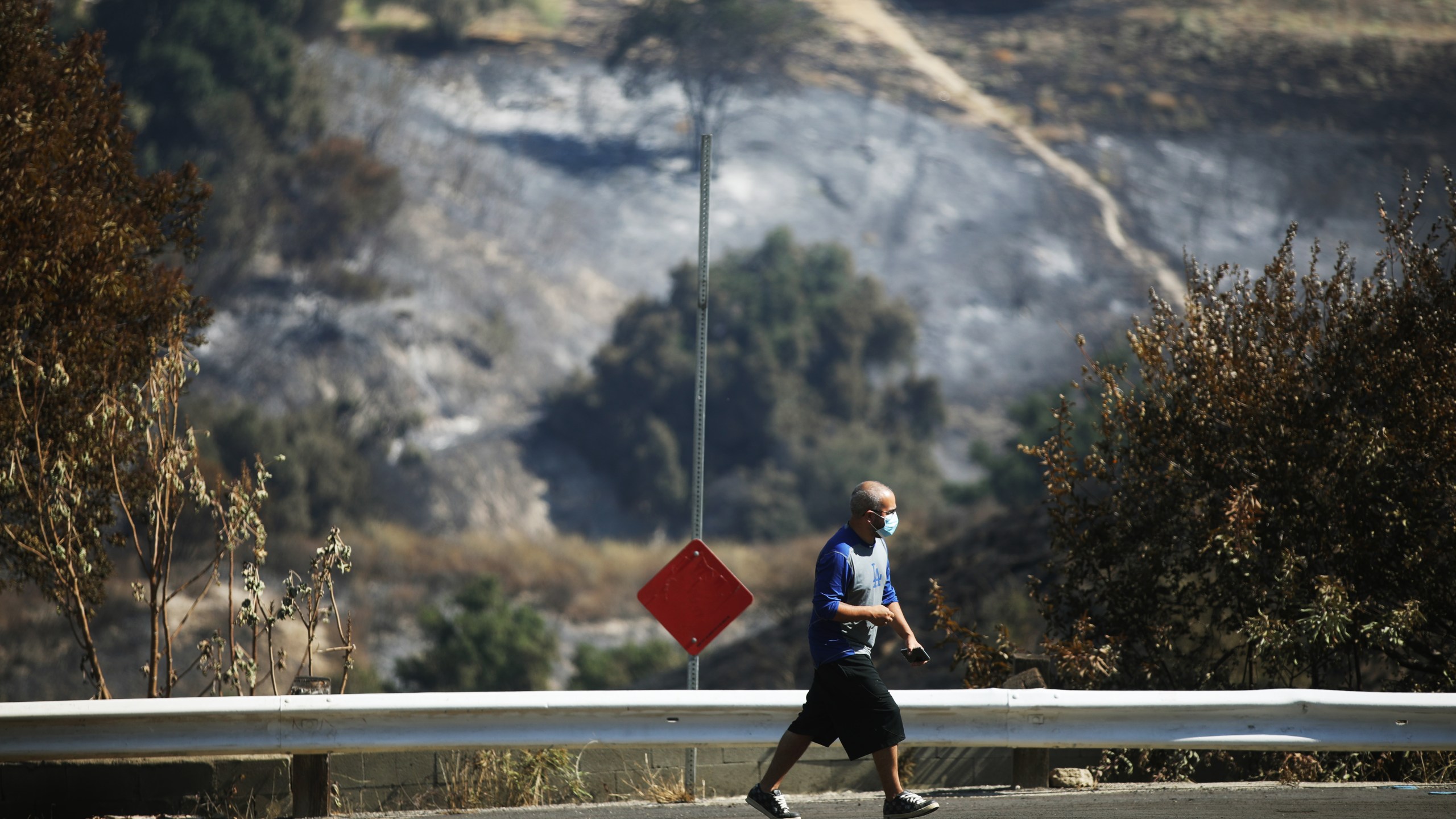 A man wears a face mask near an area in Porter Ranch scorched by the Saddleridge Fire on Oct. 12, 2019. (Credit: Mario Tama / Getty Images)