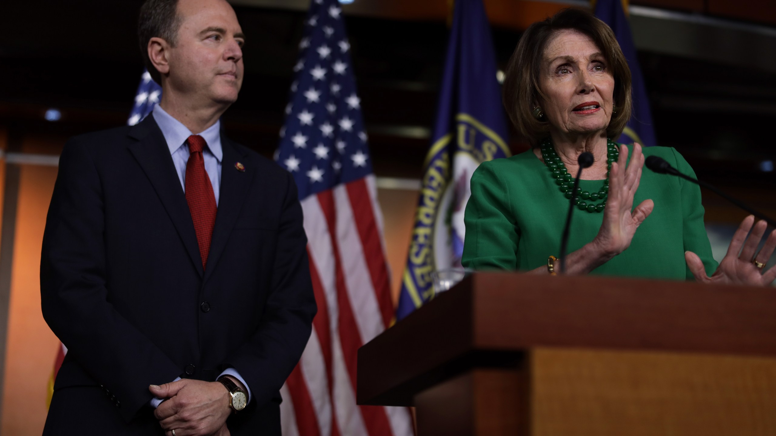 Speaker of the House Rep. Nancy Pelosi speaks as House Intelligence Committee Chair Rep. Adam Schiff listens during a news conference at the Capitol on Oct. 15, 2019. (Credit: Alex Wong / Getty Images)