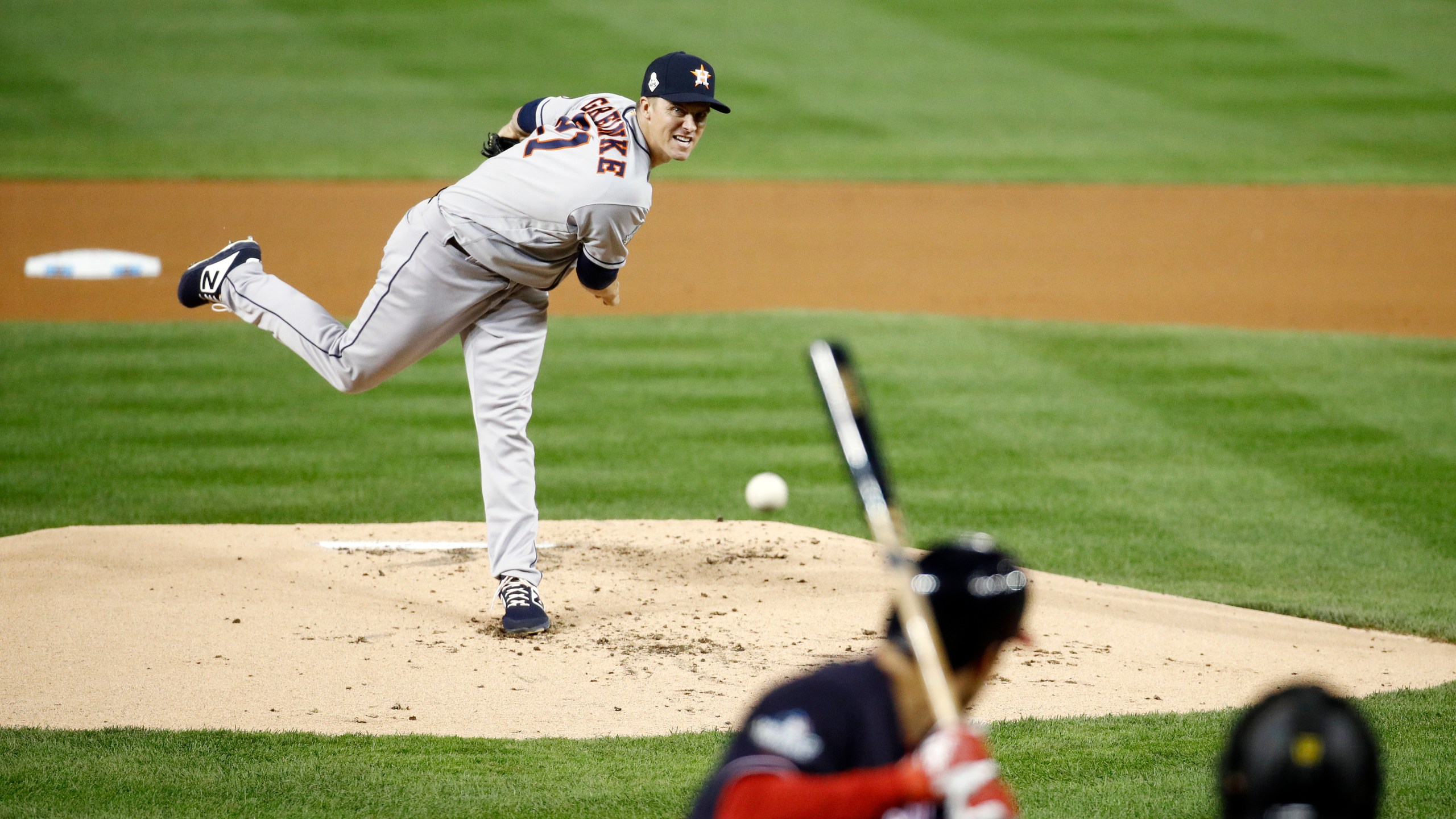 Zack Greinke, #21 of the Houston Astros, delivers the pitch to Anthony Rendon, #6 of Washington Nationals, during the first inning in Game 3 of the 2019 World Series at Nationals Park on Oct. 25, 2019, in Washington, D.C. (Credit: Patrick Semansky - Pool/Getty Images)