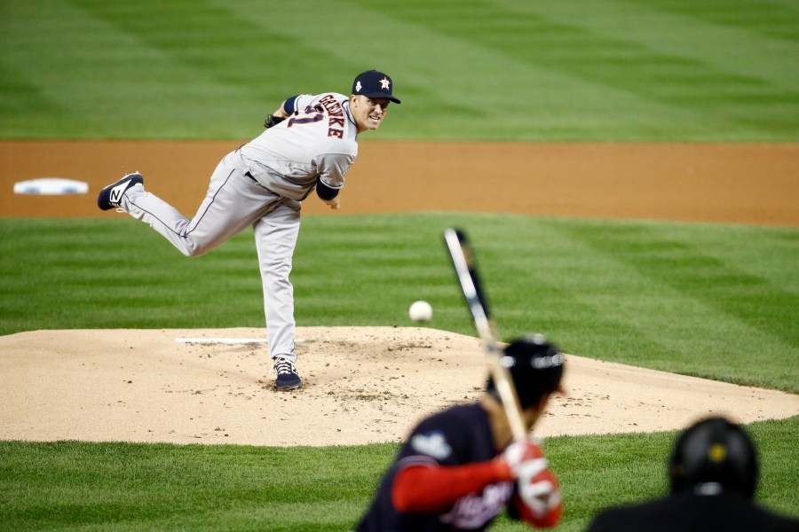 Zack Greinke, #21 of the Houston Astros, delivers the pitch to Anthony Rendon, #6 of Washington Nationals, during the first inning in Game 3 of the 2019 World Series at Nationals Park on Oct. 25, 2019, in Washington, D.C. (Credit: Patrick Semansky - Pool/Getty Images)