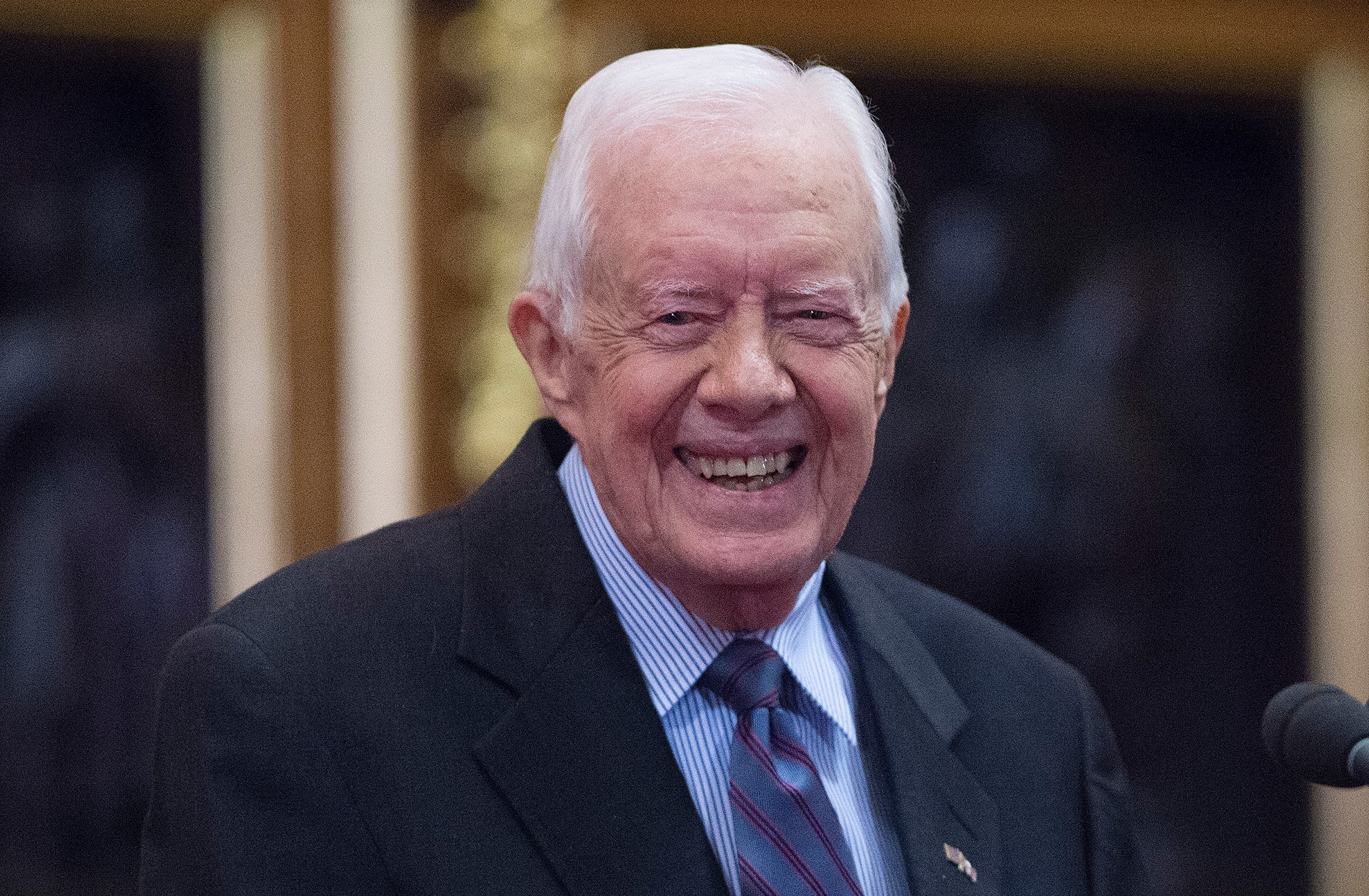 Former U.S. President Jimmy Carter receives delivers a lecture on the eradication of the Guinea worm, at the House of Lords on February 3, 2016 in London. (Credit: Eddie Mullholland-WPA Pool/Getty Images)