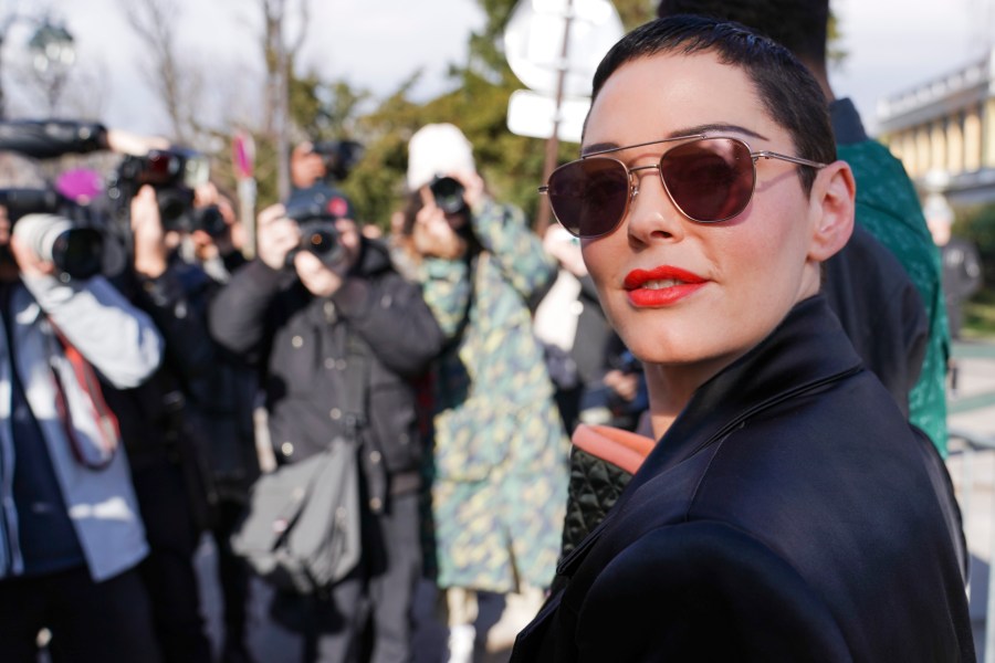 Rose McGowan attends the Vivienne Westwood show as part of the Paris Fashion Week Womenswear Fall/Winter 2018/2019 on March 3, 2018, in Paris, France. (Credit: Getty Images)