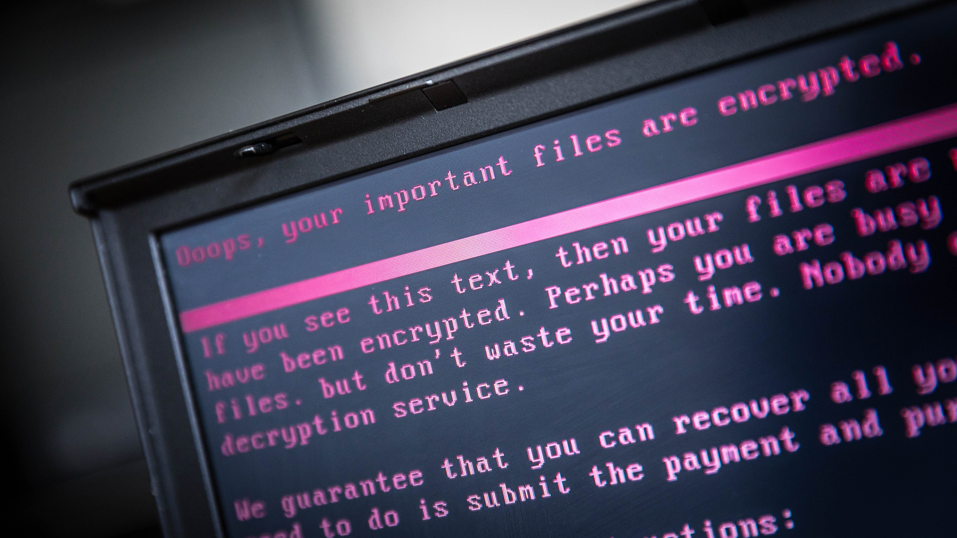 A laptop displays a message after being infected by a ransomware as part of a worldwide cyberattack on June 27, 2017 in Geldrop, Netherlands. (Credit: Rob Engelaar/AFP/Getty Images)