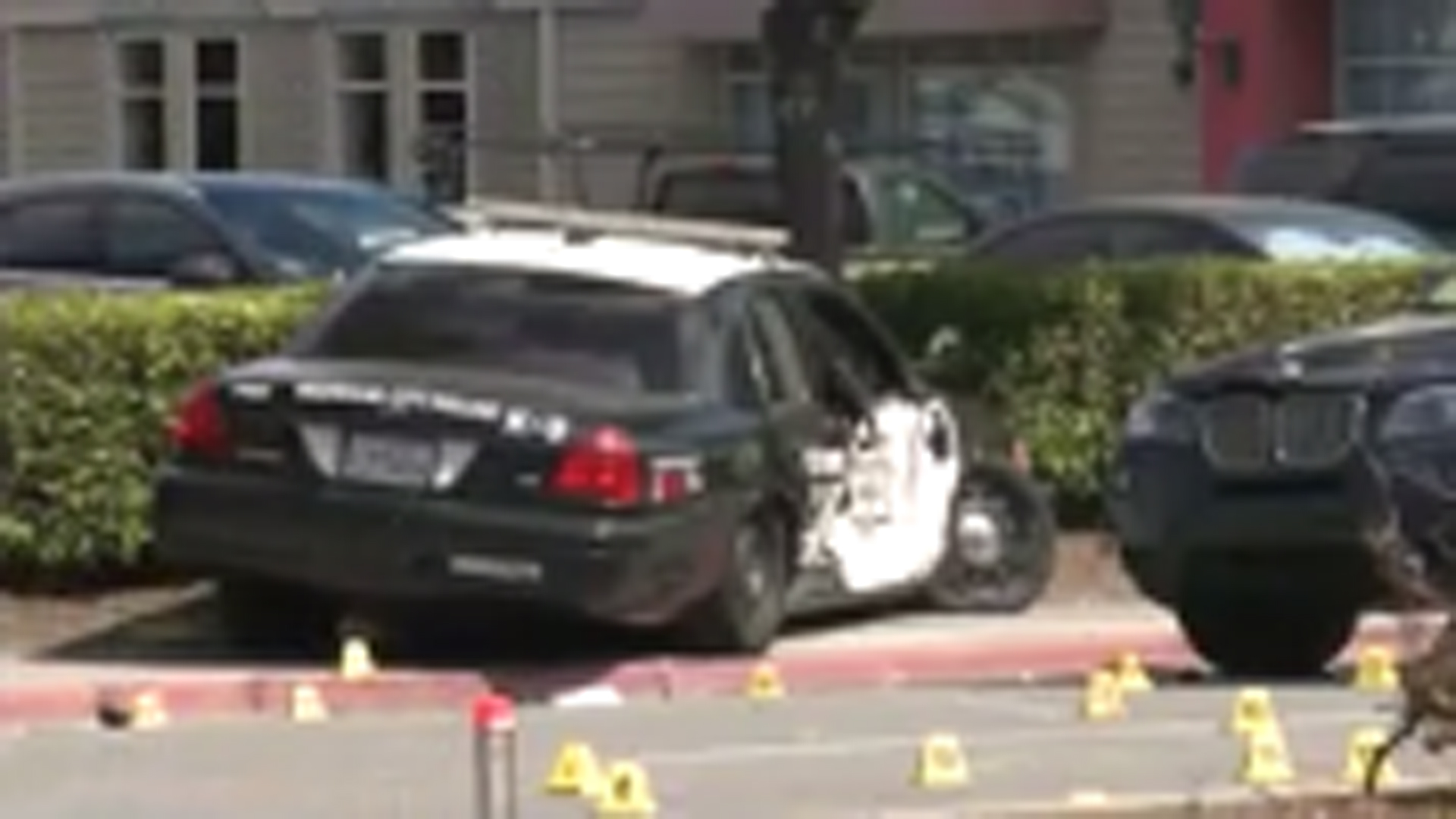 A police cruiser hit a pedestrian after veering out of control in Redwood City on Sept. 18, 2019. (Credit: KPIX)