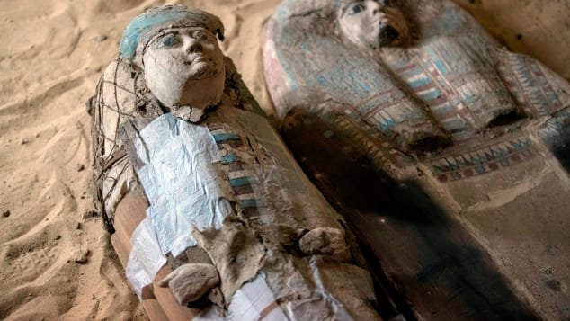 Sarcophagi found inside a recently discovered burial shaft at the Giza pyramid plateau in Cairo is seen in this undated photo. (Credit: Mahmoud Khaled/AFP/Getty Images)