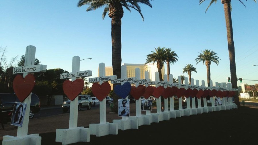 Fifty-eight crosses, one for each victim killed in the mass shooting, line the Las Vegas Strip on Oct. 1, 2019. (Tami Harper Winn)