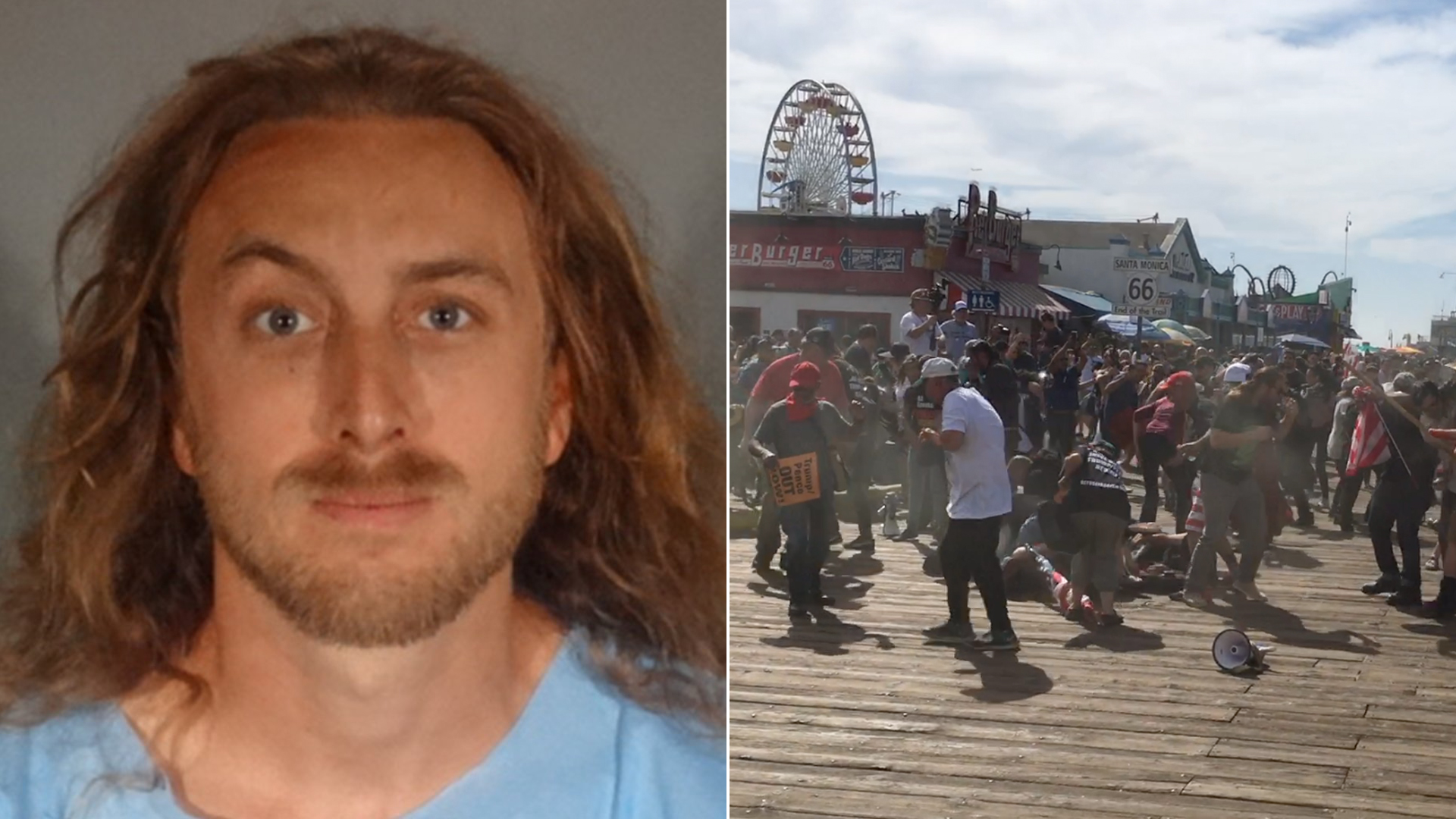 David Dempsey is seen in a booking photo released Oct. 21, 2019, by the Santa Monica Police Department. At right, screaming protestors disperse after what appears to be pepper spray was dispersed in a crowd on the Santa Monica Pier on Oct. 19, 2019. (Credit: KTLA)