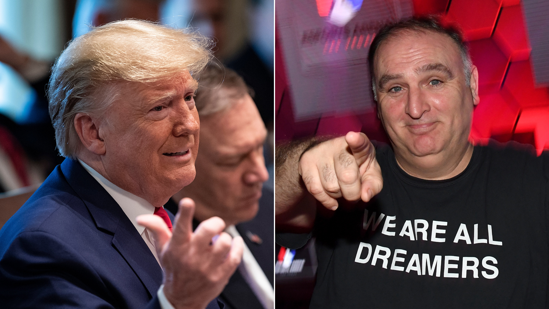 Left, President Donald Trump speaks to the press before a cabinet meeting Oct. 21, 2019; right, Chef Jose Andres attends the grand opening of Esports Arena Las Vegas, March 22, 2018. (Credit: Getty Images; left, BRENDAN SMIALOWSKI/AFP; right, Ethan Miller for Esports Arena Las Vegas)