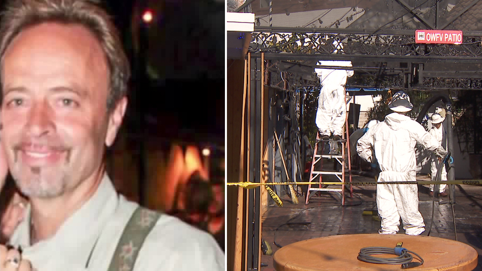 Bernie Bischof is seen in an undated photo provided by his family. On the right, crews clean up the aftermath of an explosion that rattled an Oktoberfest celebration at Huntington Beach. (Credit: KTLA)