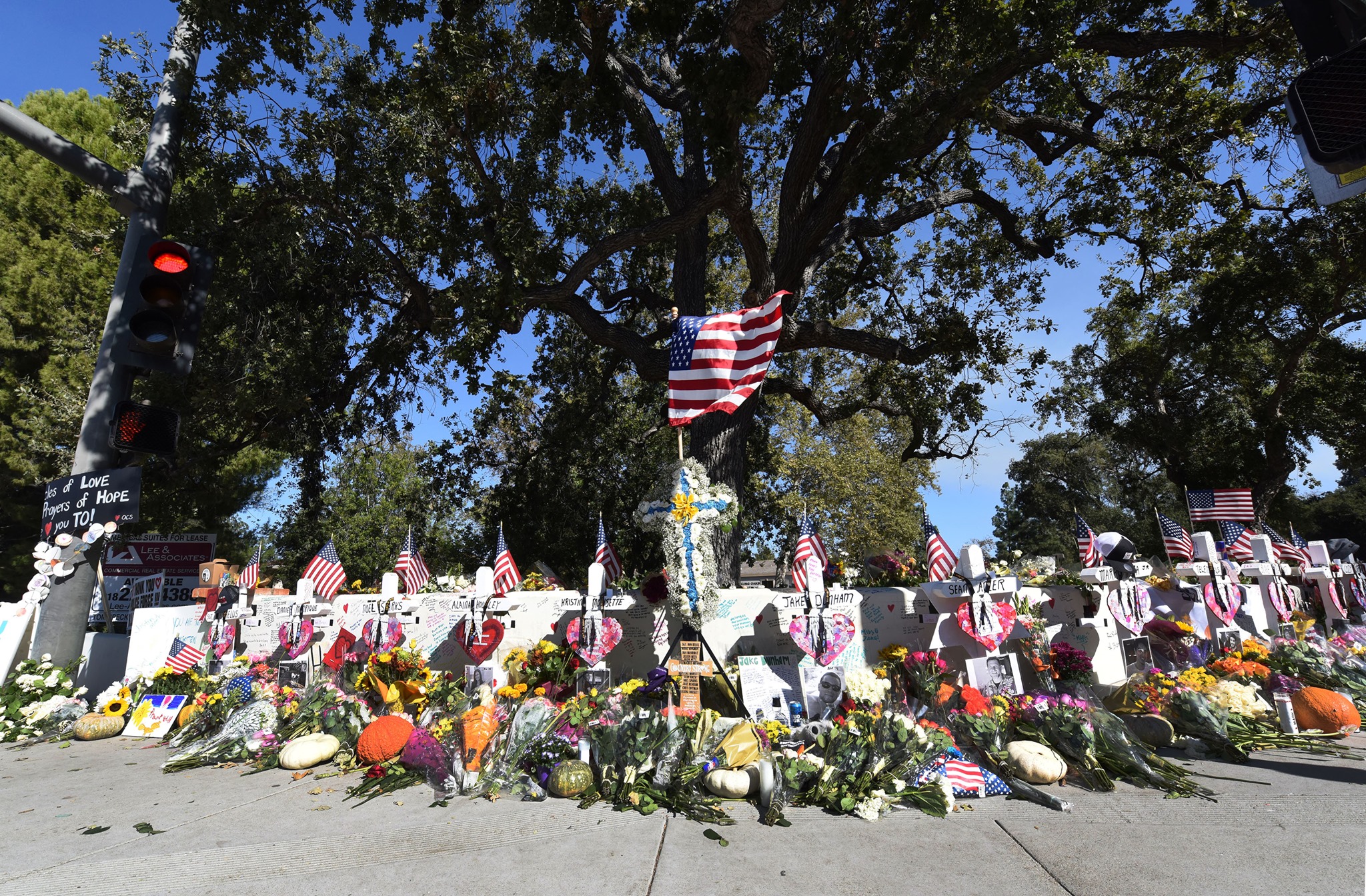 A memorial for the victims of the Borderline Bar & Grill mass shooting in Thousand Oaks appears in a photo posted by the Ventura County Sheriff's Office to Facebook on Nov. 7, 2019.