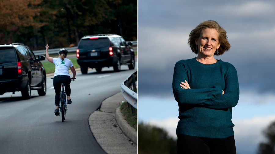 Left, Juli Briskman shows her middle finger as a motorcade with President Donald Trump departs Trump National Golf Course in Sterling, Virginia, on Oct. 28, 2017. Right, Briskman poses Oct. 17, 2019, in Sterling, Virginia. (Credit: BRENDAN SMIALOWSKI/AFP via Getty Images)