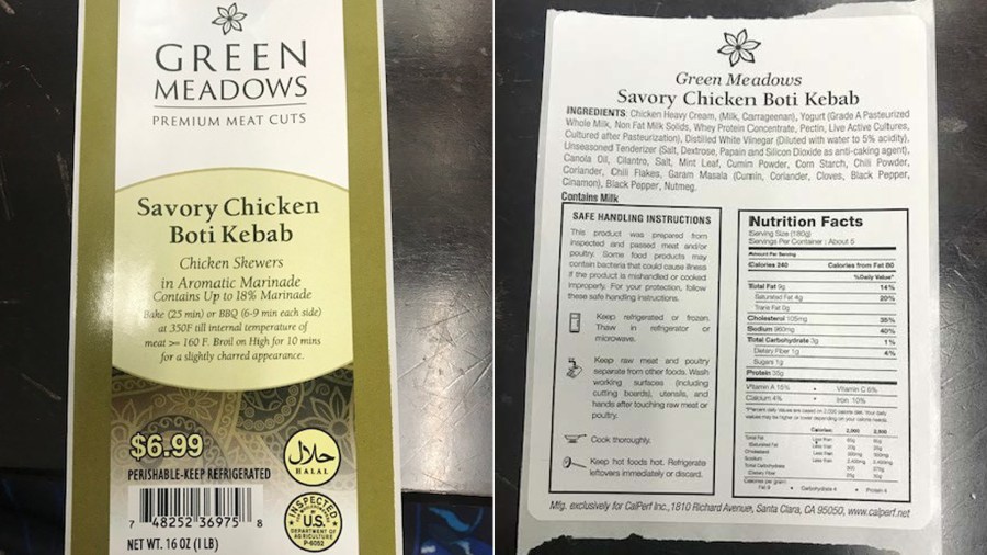 Labels for a recalled Green Meadows-brand chicken product are seen in images released Nov. 13, 2019, by the U.S. Department of Agriculture’s Food Safety and Inspection Service.