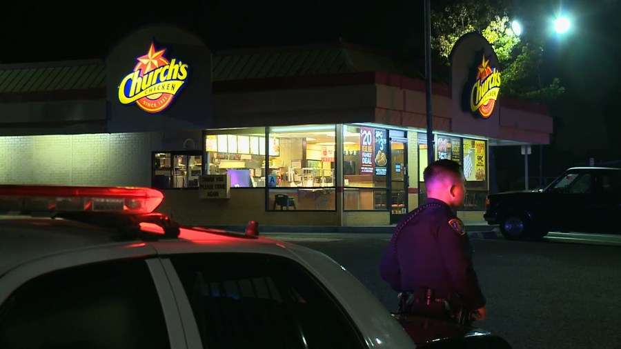 Police respond after a fatal shooting at a Church’s Chicken in Otay Mesa on Nov. 6, 2019. (Credit: KSWB)