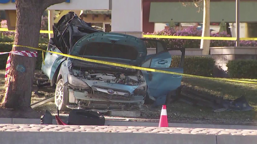 A car involved in a fatal crash in the Stevenson Ranch area is seen on Nov. 18, 2019. (credit: KTLA)