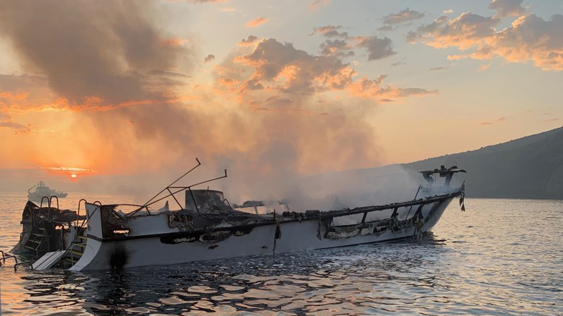 The burned-out shell of the Conception which caught fire near Santa Cruz Island.(Credit: Ventura County Fire Department via Los Angeles Times)