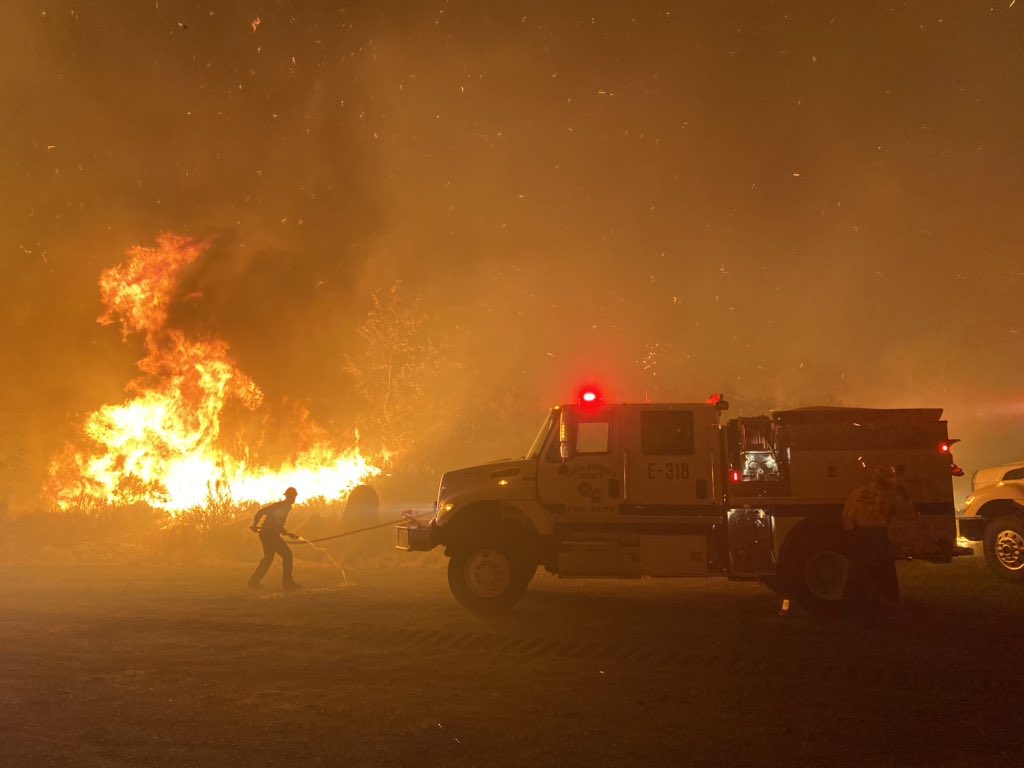 Firefighters respond to the scene of the Cave Fire in Santa Barbara County on Nov. 25, 2019. (Credit: Mike Eliason / Santa Barbara County Fire Department via Twitter)