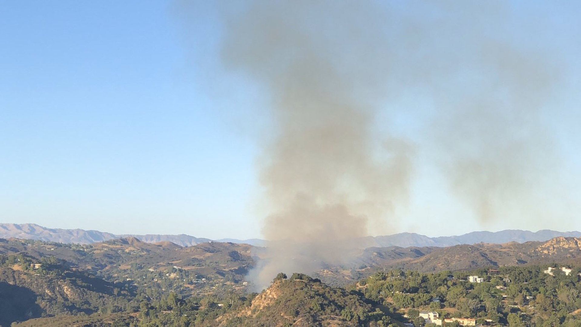 A brush fire ignited along Topanga Canyon Boulevard in Topanga on Nov. 16, 2019. (Credit: Los Angeles County Fire Department Air Operations Section)