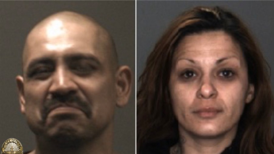 David Joseph Aviles, 44, of Fontana (left) and Jessica Mari Valdez, 36, of San Bernardino (right), pictured in photos released by the Fontana Police Department following their arrests on Nov. 13, 2019.