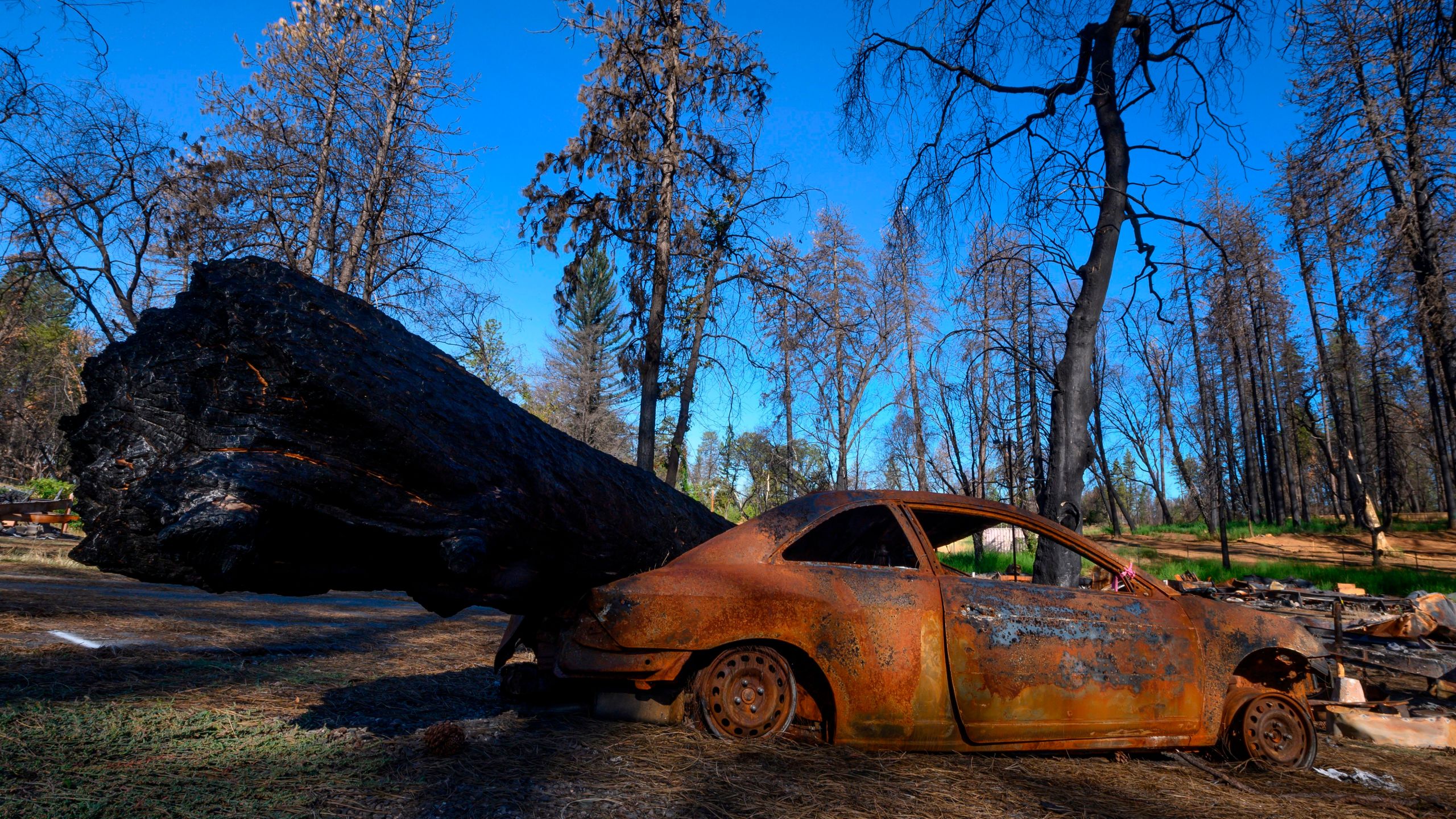 Debris still scattered across a mobile home park almost one year after the Camp Fire destroyed the residential park, is seen on Oct. 2, 2019 in Paradise, California. (Credit: Robyn Beck/AFP via Getty Images)