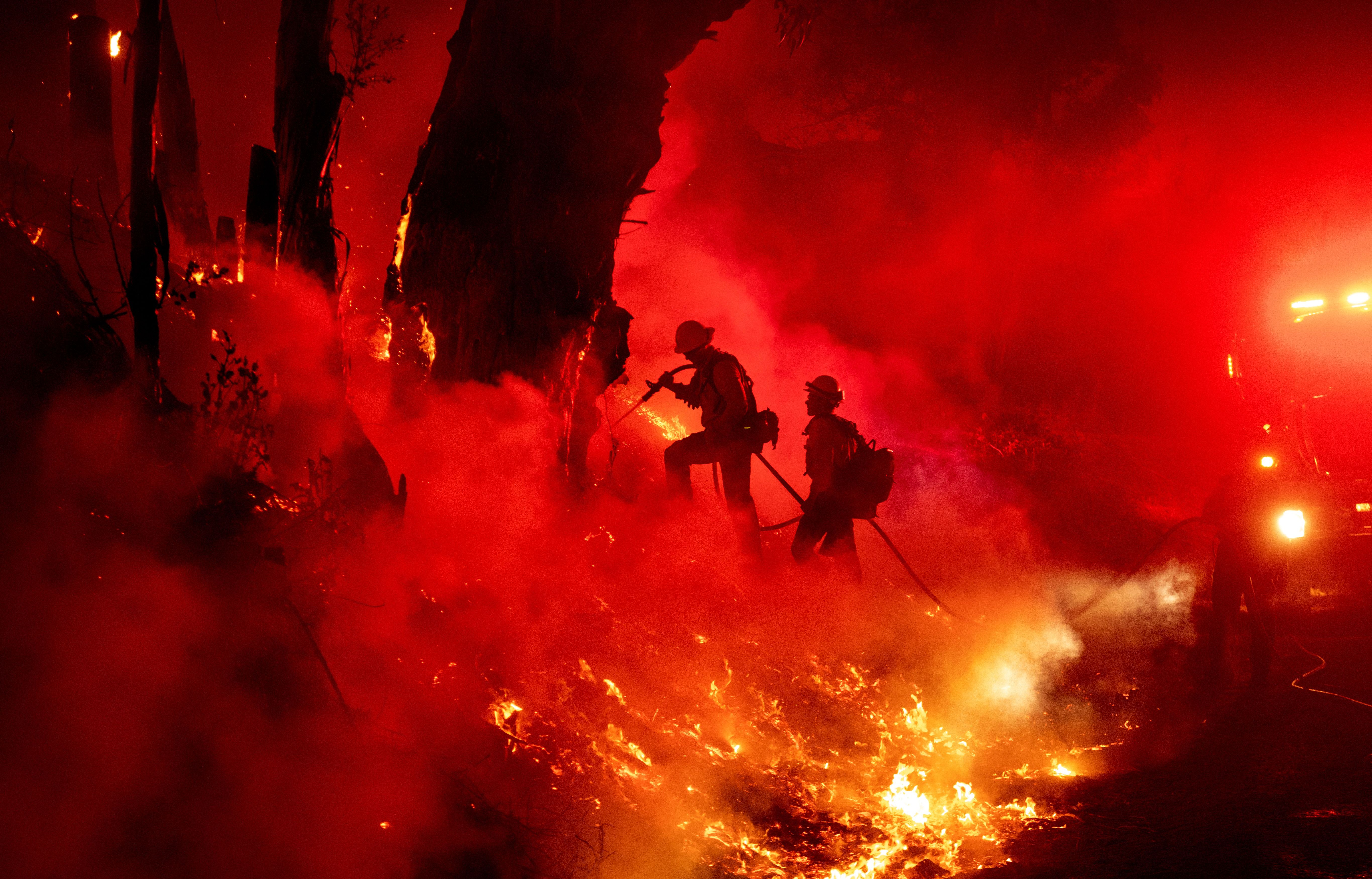 Firefighters work to control flames from a backfire during the Maria Fire near Santa Paula on Nov. 1, 2019. (Credit: Josh Edelson / AFP / Getty Images)