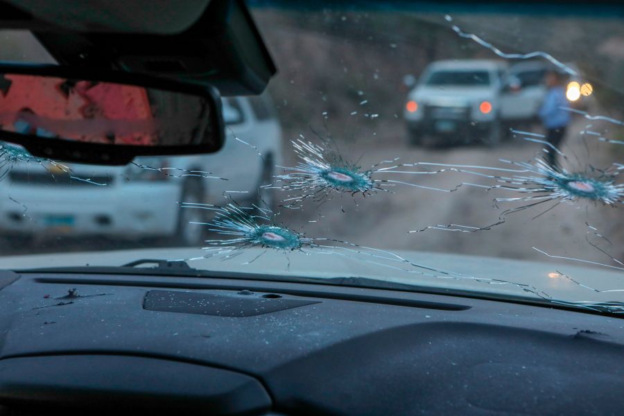 This photo shows a view from inside the car where members of the LeBaron family were killed during an ambush in Bavispe, Sonora mountains, Mexico, on Nov. 5, 2019. (Credit: Herika Martinez / AFP / Getty Images)