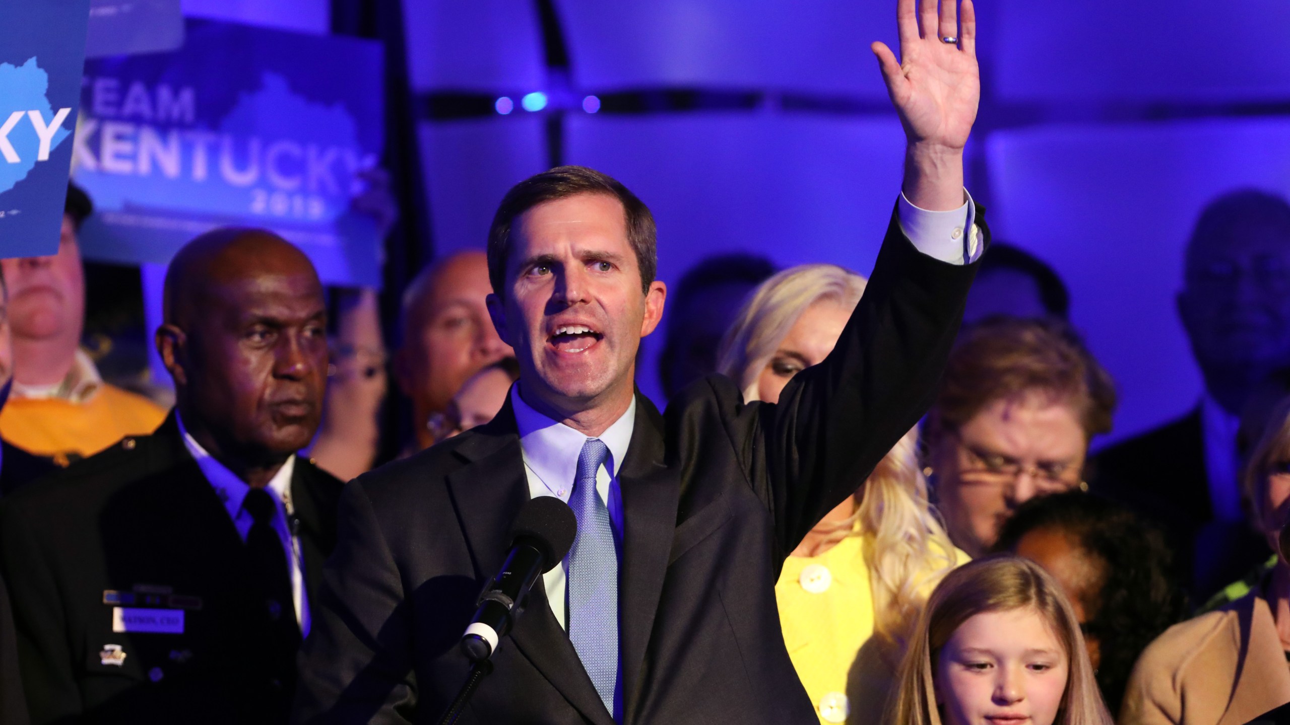 Apparent Gov.-elect Andy Beshear celebrates with supporters after voting results showed the Democrat holding a slim lead over Republican Gov. Matt Bevin at C2 Event Venue on November 5, 2019 in Louisville, Kentucky. (Credit: John Sommers II/Getty Images)