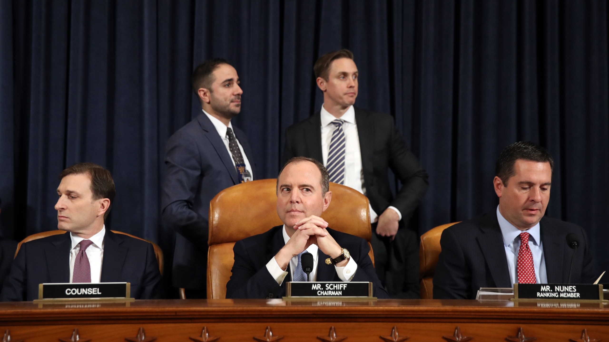 House Intelligence Committee Chairman Adam Schiff (C) prepares to deliver opening statements in a public impeachment hearing on Nov. 13, 2019. (Credit: Drew Angerer/Getty Images)