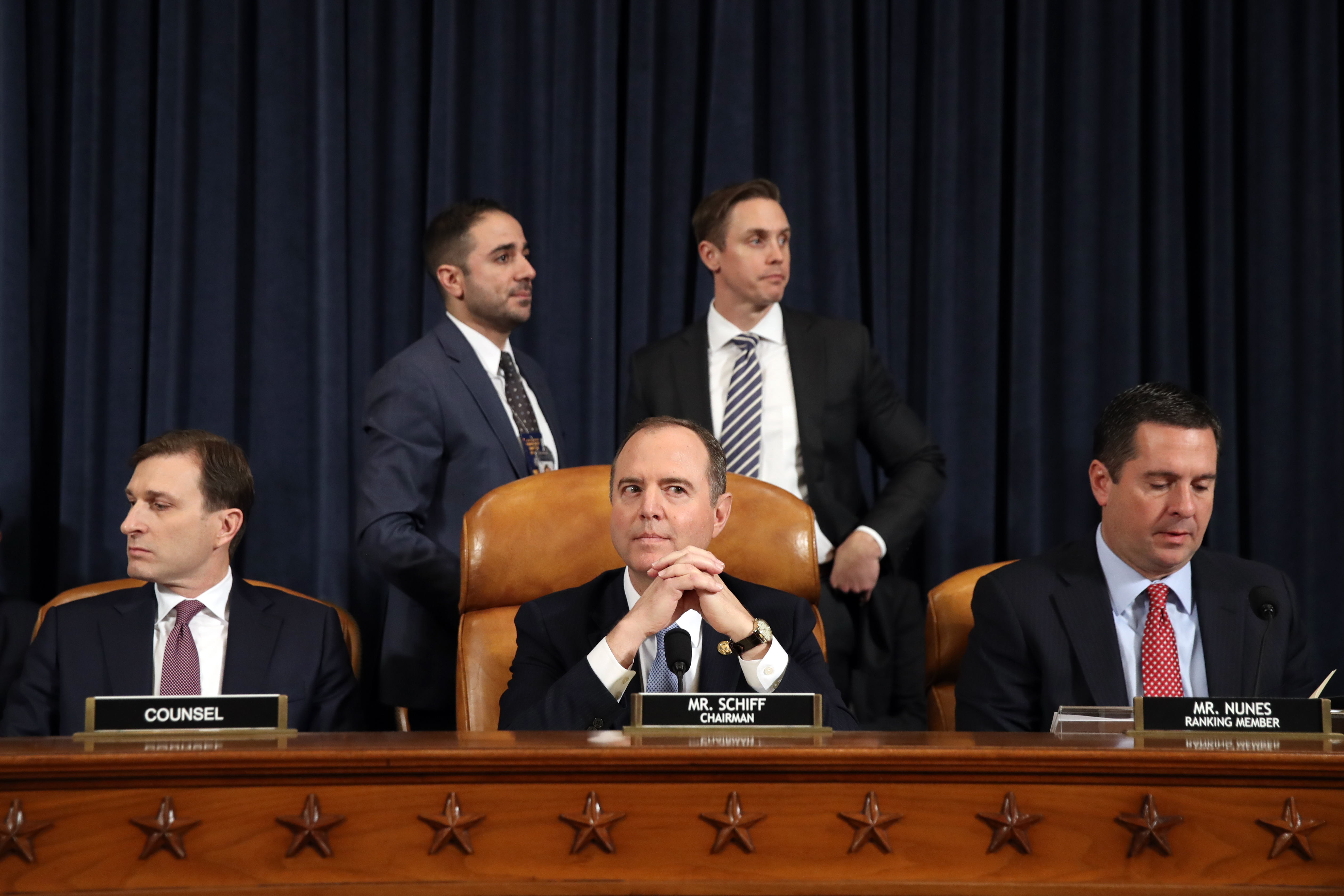 House Intelligence Committee Chairman Adam Schiff (C) prepares to deliver opening statements in a public impeachment hearing on Nov. 13, 2019. (Credit: Drew Angerer/Getty Images)