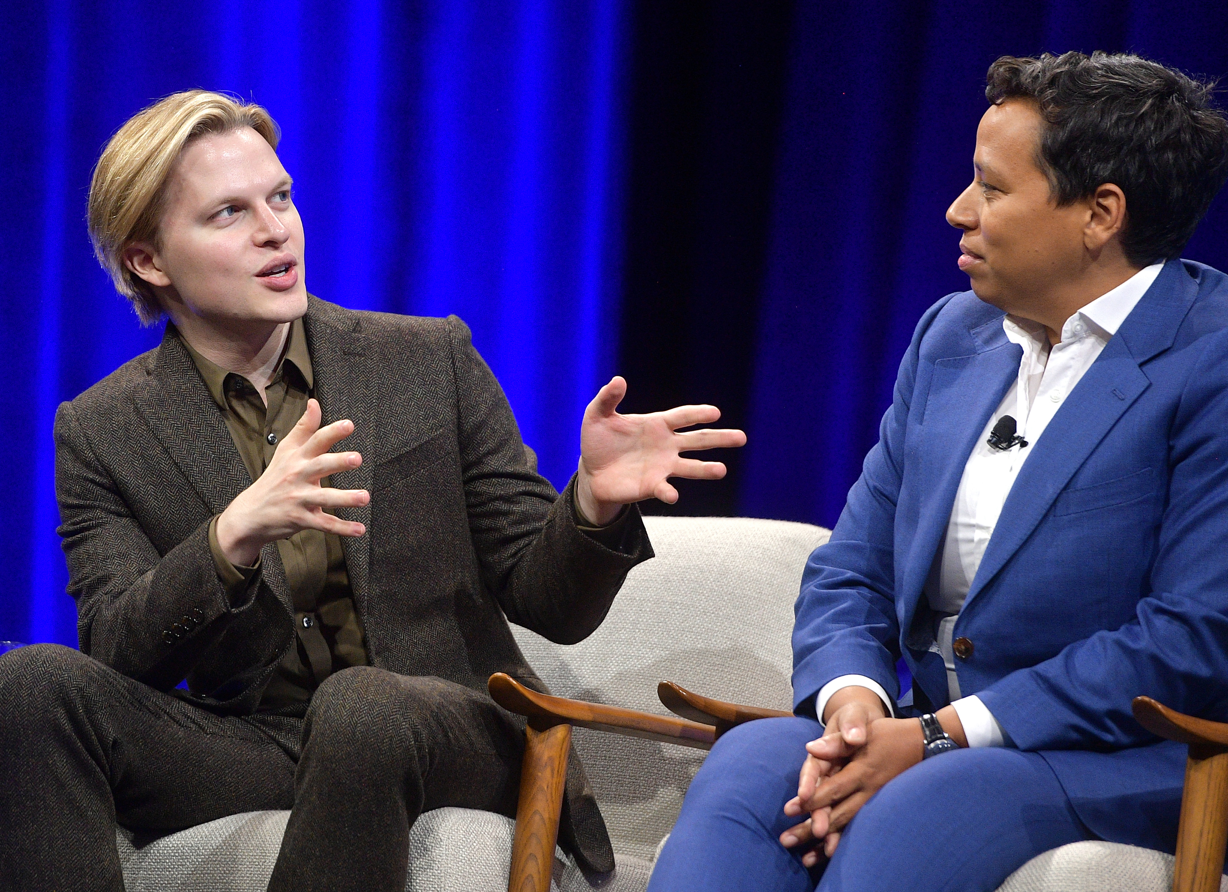 Author/journalist Ronan Farrow and Editor-in-Chief of HuffPost Lydia Polgreen speak onstage during 'Talkin' About Our Generation: The Power of Recent History' at Vanity Fair's 6th Annual New Establishment Summit at Wallis Annenberg Center for the Performing Arts on Oct. 22, 2019, in Beverly Hills. (Credit: Matt Winkelmeyer/Getty Images for Vanity Fair)