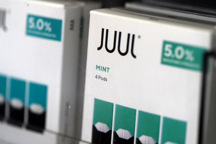 Packages of Juul mint flavored e-cigarettes are displayed at a smoke shop in San Rafael on Nov. 7, 2019. (Credit: Justin Sullivan / Getty Images)