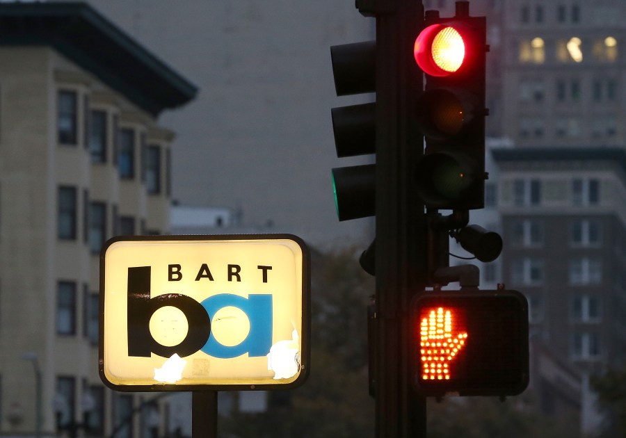 A Bay Area Rapid Transit (BART) sign stands at a closed station on Oct.21, 2013 in Oakland. (Credit: Justin Sullivan/Getty Images)