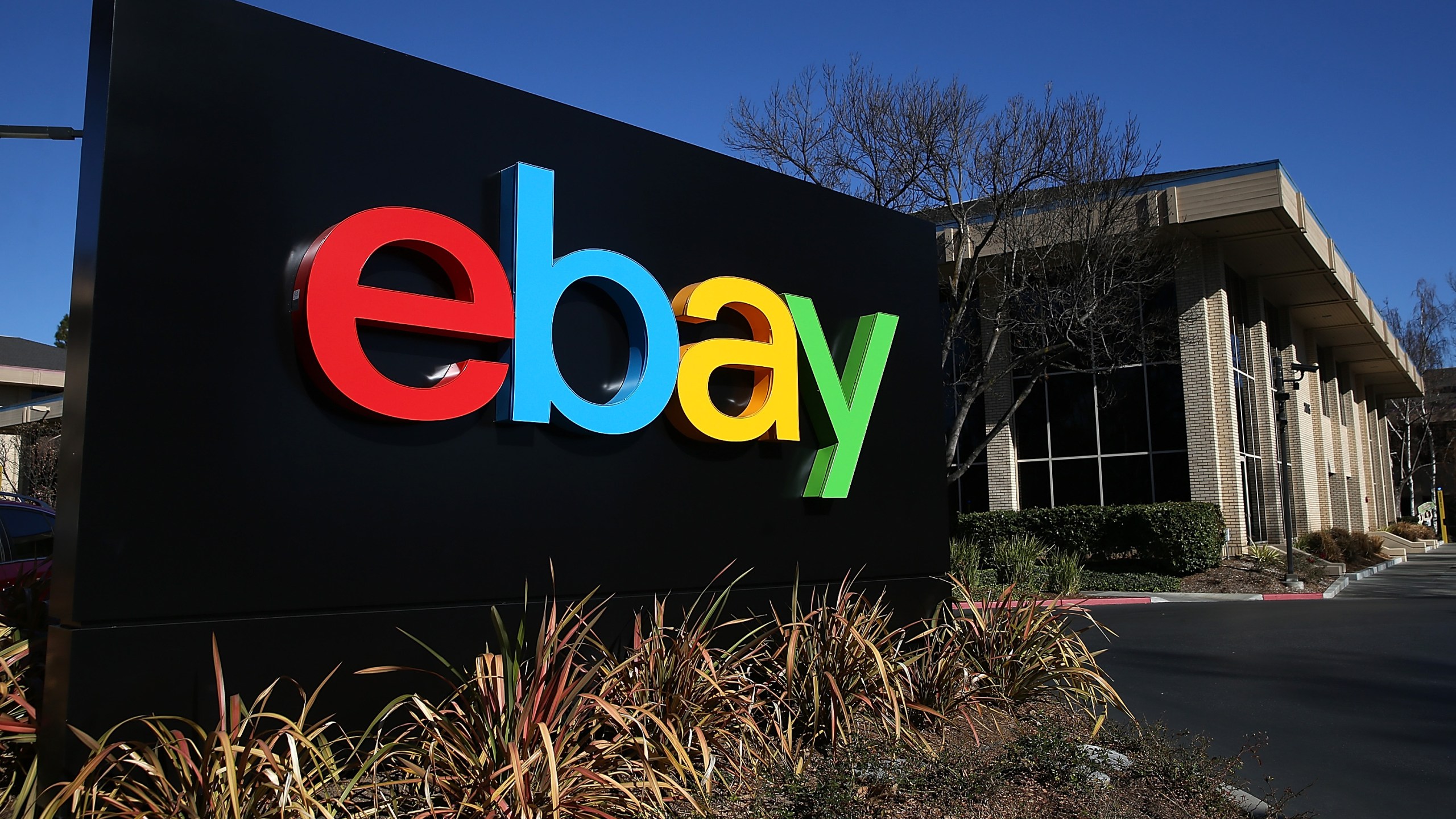 A sign is posted in front of the eBay headquarters on January 22, 2014 in San Jose, California. eBay Inc. (Credit: Justin Sullivan/Getty Images)