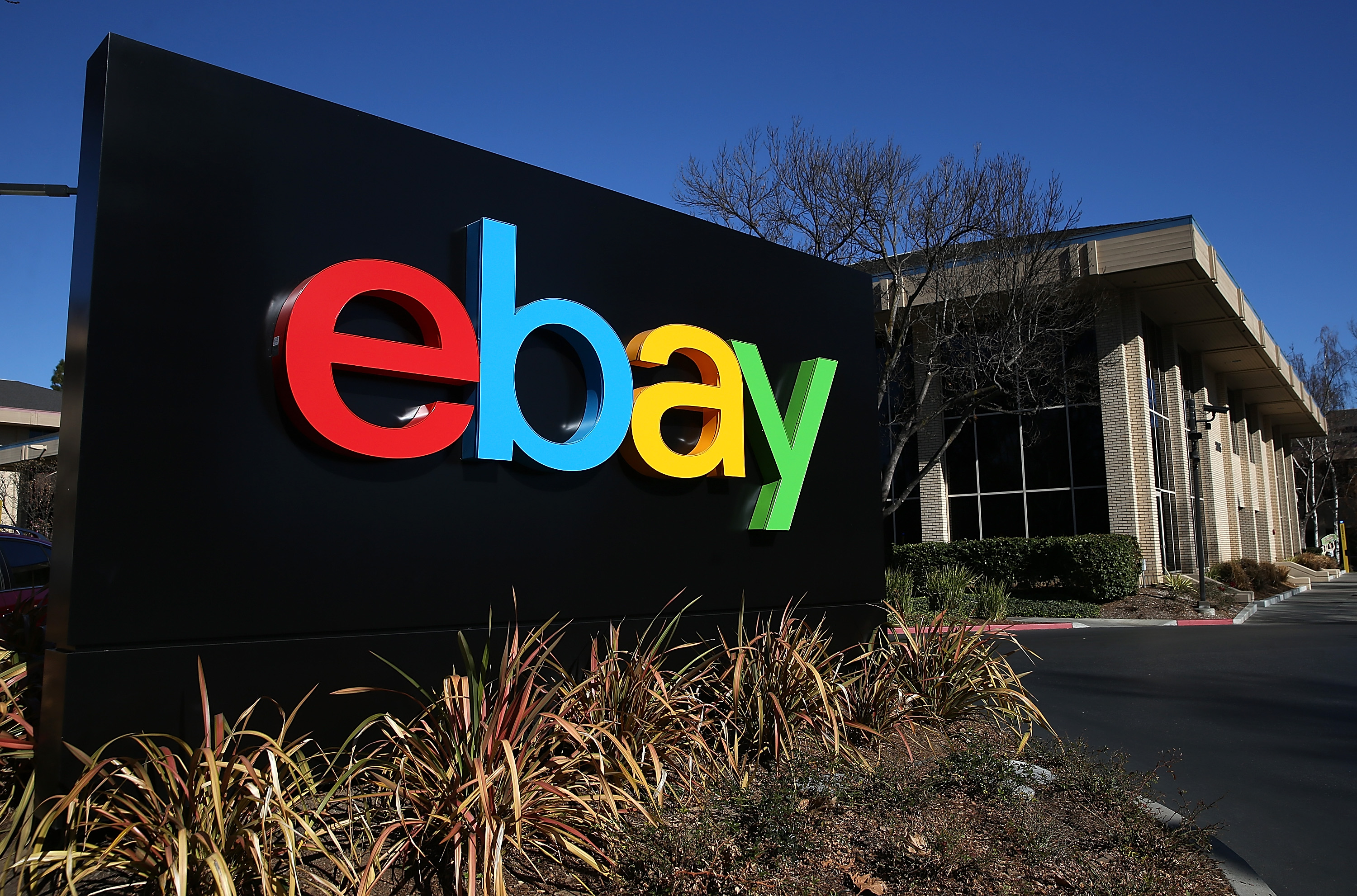 A sign is posted in front of the eBay headquarters on January 22, 2014 in San Jose, California. eBay Inc. (Credit: Justin Sullivan/Getty Images)