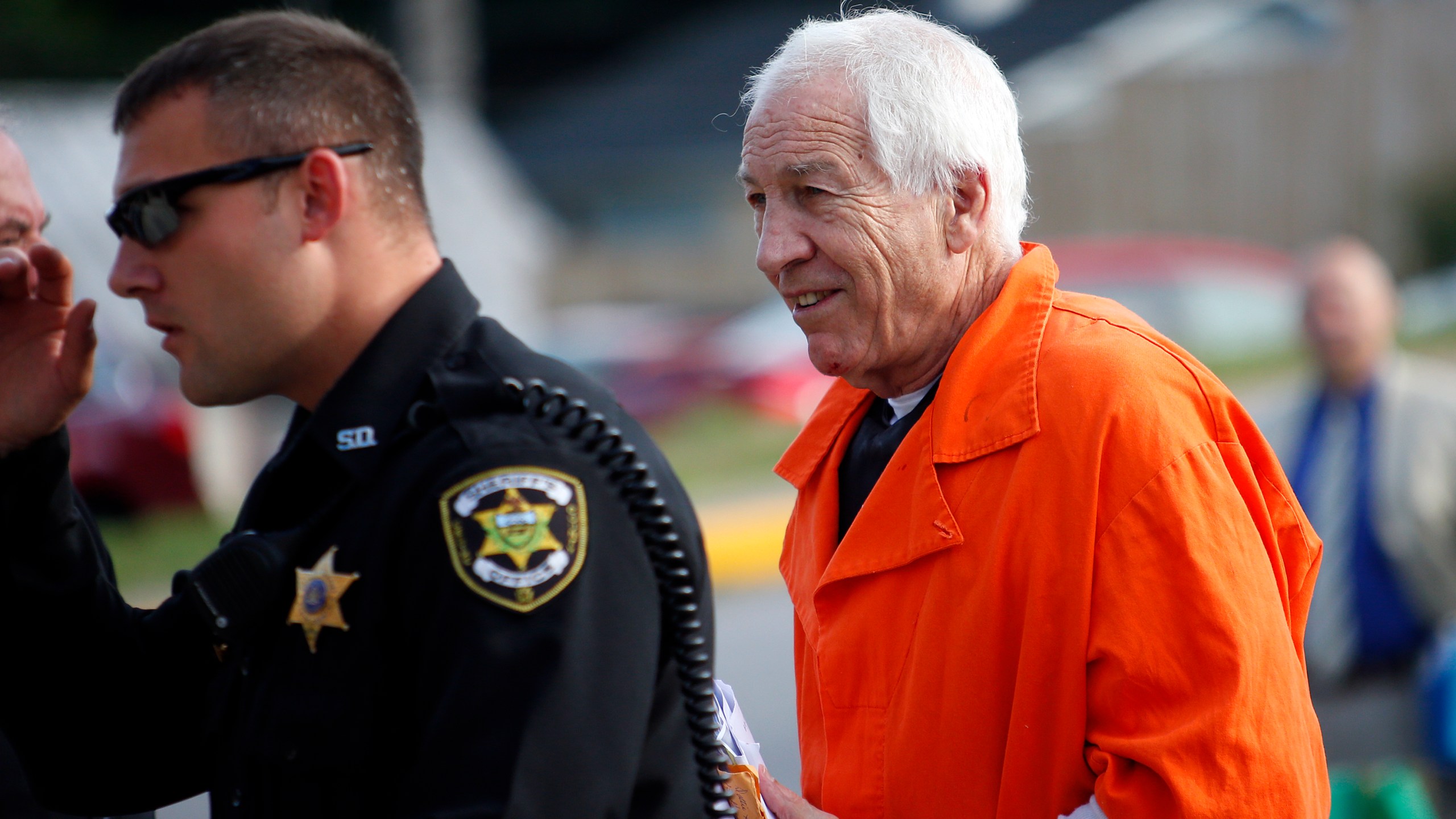 Jerry Sandusky enters the Centre County Courthouse to appeal his child sex abuse conviction on Aug. 12, 2016 in Bellefonte, Pennsylvania. (Credit: Justin K. Aller/Getty Images)