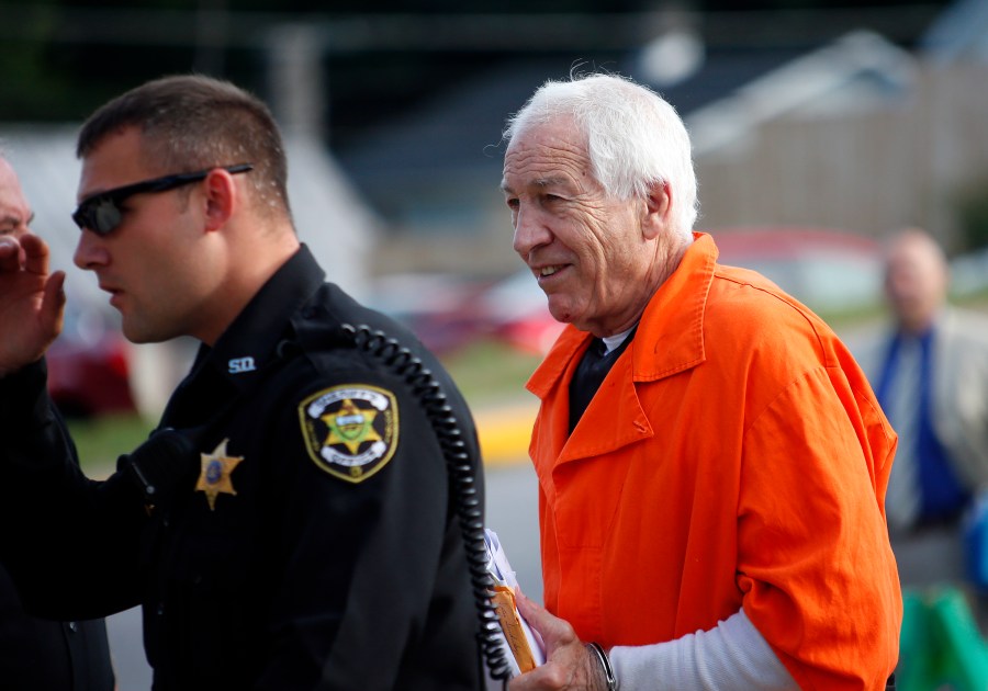 Jerry Sandusky enters the Centre County Courthouse to appeal his child sex abuse conviction on Aug. 12, 2016 in Bellefonte, Pennsylvania. (Credit: Justin K. Aller/Getty Images)