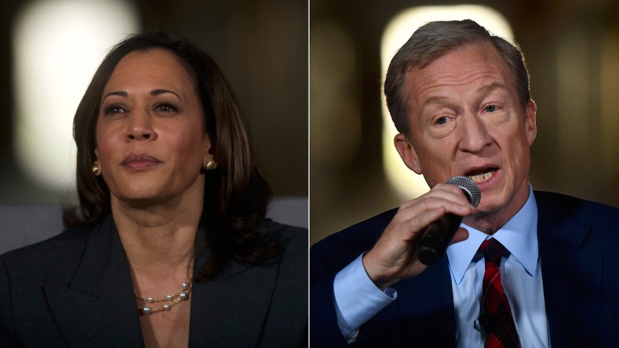 Sen. Kamala Harris, left, and Tom Steyer appear at a town hall at the Eastern State Penitentiary on Oct. 28, 2019 in Philadelphia, Pennsylvania. (Credit: Mark Makela/Getty Images)