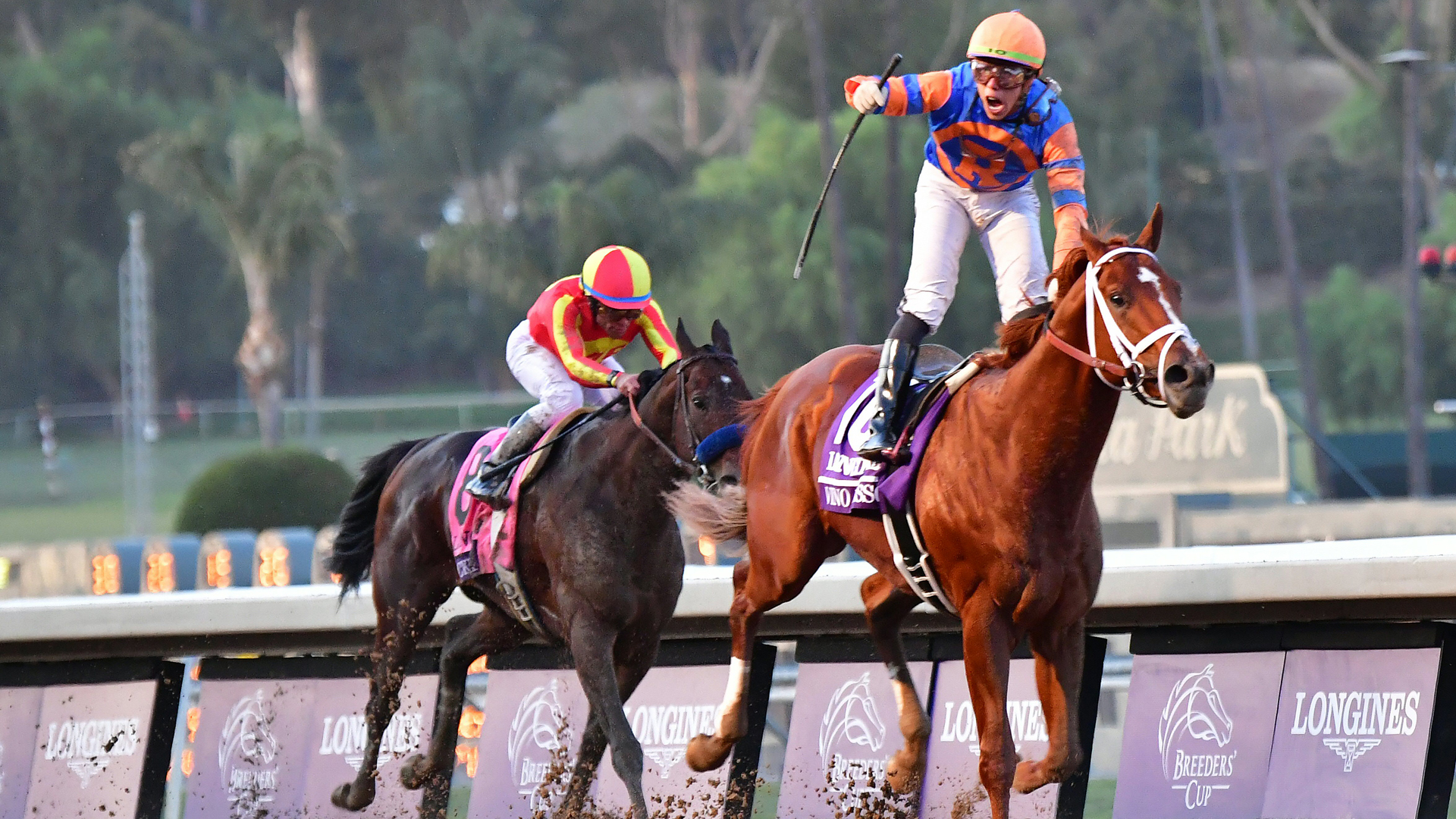 Jockey Irad Ortiz Jr. rides Vino Rosso to victory in the Breeders Cup Classic race at the 2019 Breeders Cup at the Santa Anita Racetrack in Arcadia, California on November 2, 2019. - Joel Rosario riding McKinzie finished 2nd. (Credit: Frederic J. Brown/AFP/Getty Images)