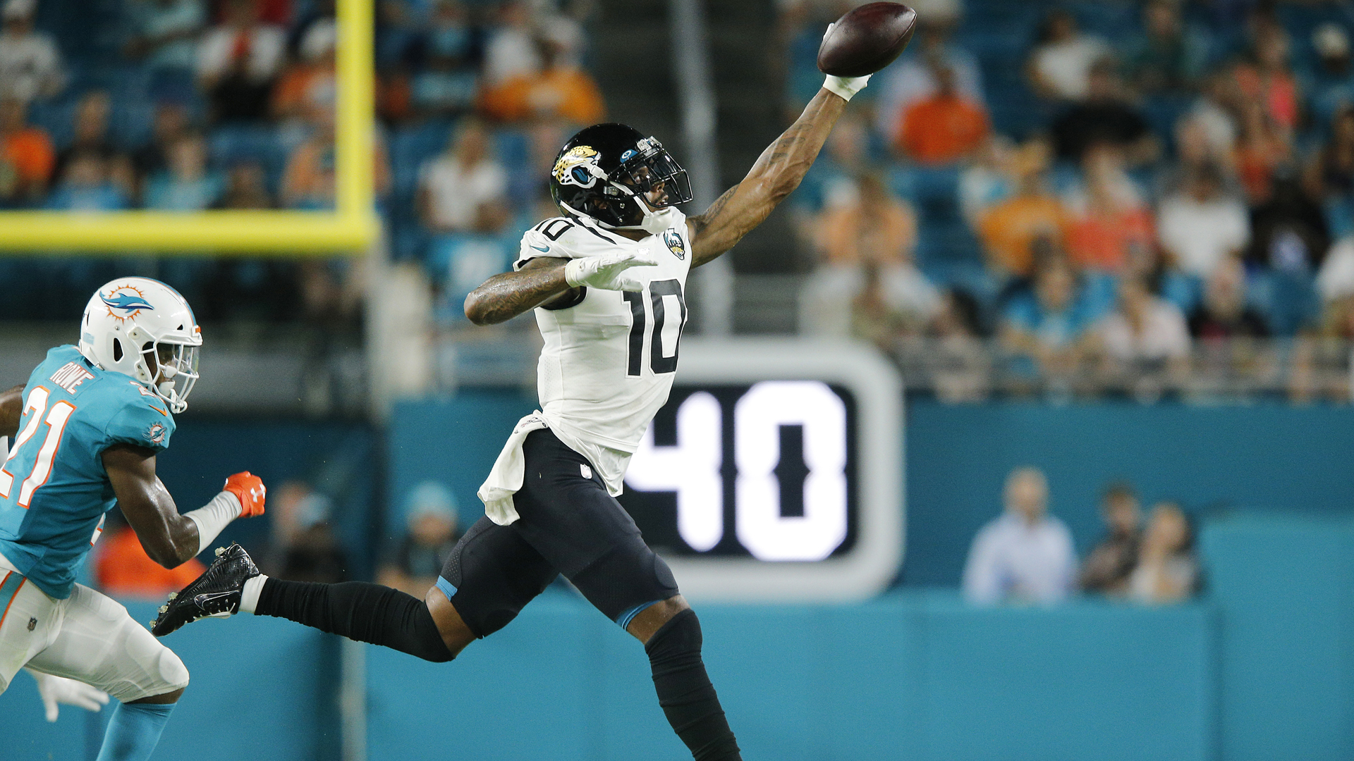 Terrelle Pryor #10 of the Jacksonville Jaguars makes a catch against the Miami Dolphins during the second quarter of the preseason game at Hard Rock Stadium on August 22, 2019 in Miami, Florida. (Credit: Michael Reaves/Getty Images)