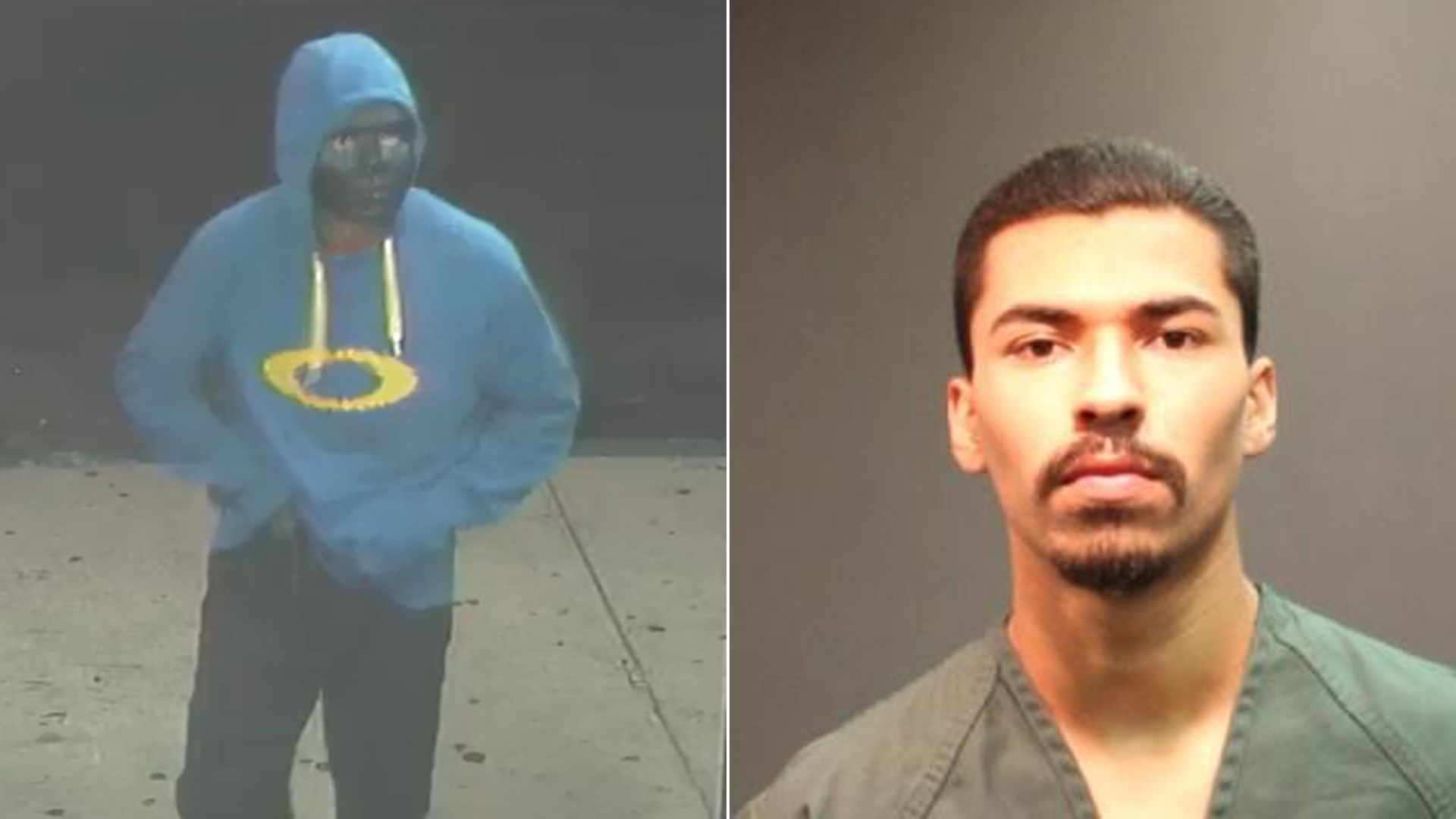 Anthony Sanchez, 18, of Santa Ana (right) pictured in a photo released on Nov. 14, 2019, following his arrest in connection with a liquor store robbery on June 22, 2019, pictured at right. (Credit: Santa Ana Police Department)