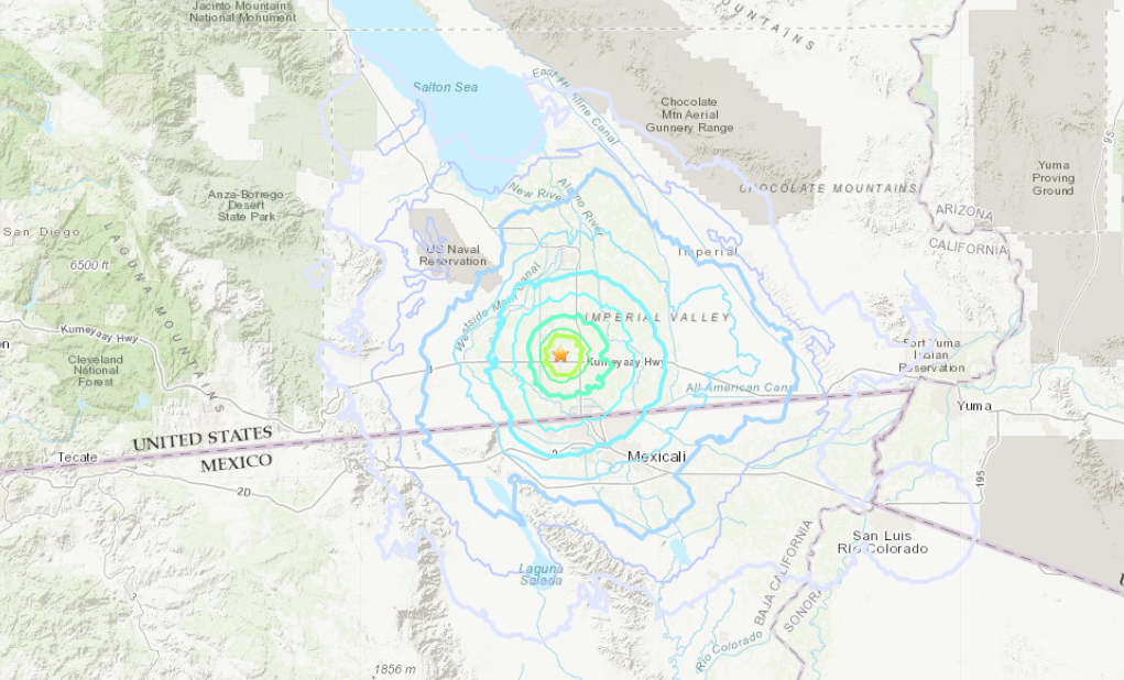 The shaking felt after a 4.0 magnitude quake hit the El Centro area on Nov. 11, 2019, is seen on a map provided by the U.S. Geological Survey.