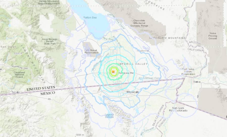 The shaking felt after a 4.0 magnitude quake hit the El Centro area on Nov. 11, 2019, is seen on a map provided by the U.S. Geological Survey.