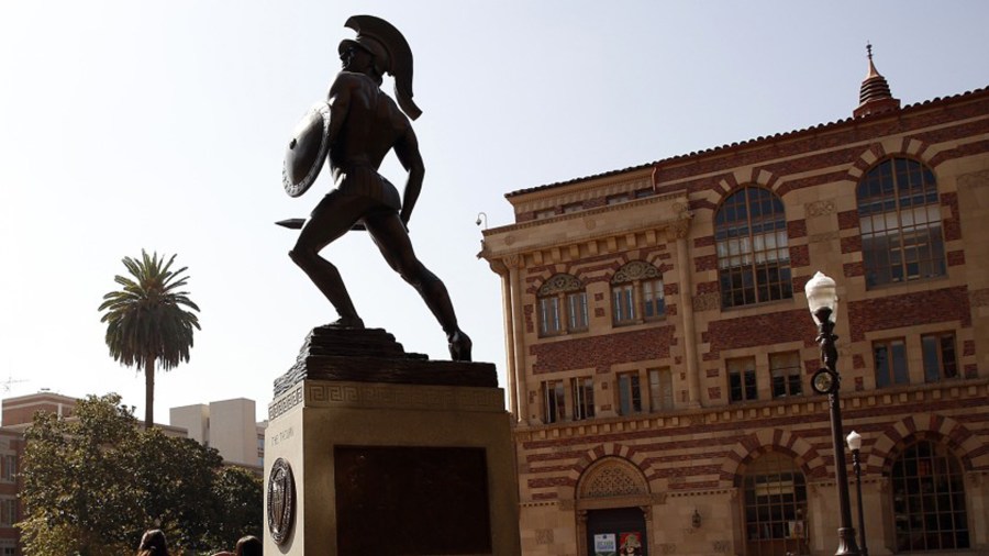 A statue of Tommy Trojan on the USC campus is seen in an undated photo. (Al Seib / Los Angeles Times)