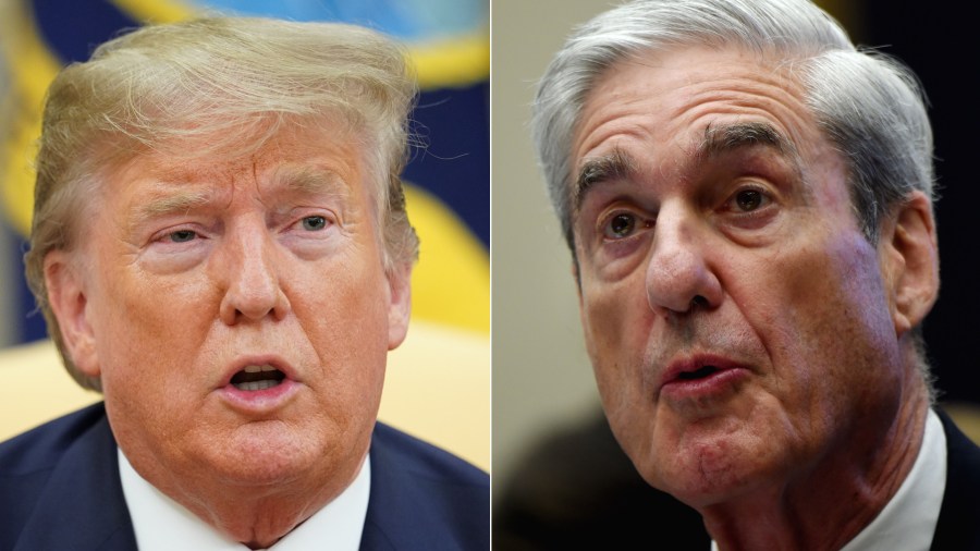 Donald Trump, left, appears in the Oval Office of the White House on Sept. 16, 2019. Robert Mueller, right, testifies before Congress on July 24, 2019. (Credit: MANDEL NGAN/ANDREW CABALLERO-REYNOLDS/AFP via Getty Images