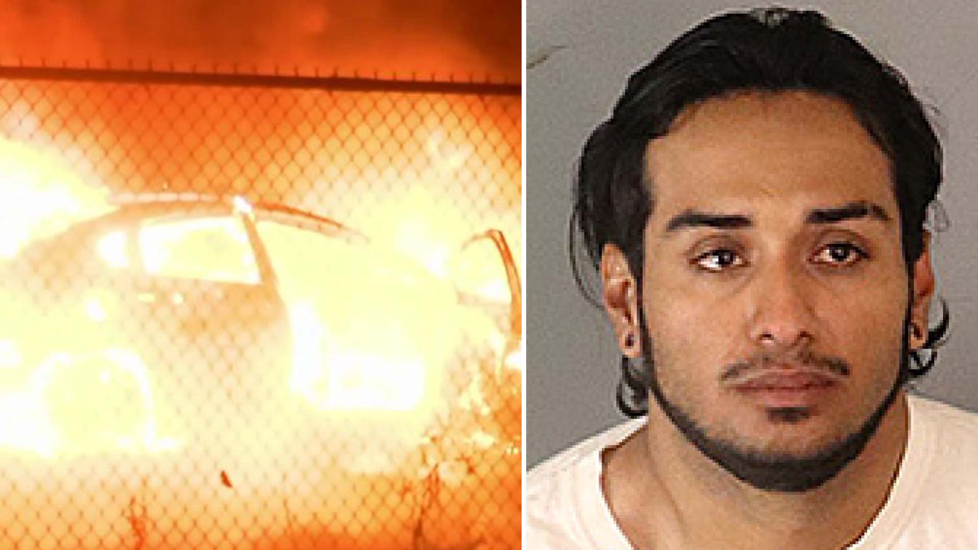 A car believed to have sparked the 46 Fire is seen on Oct. 31, 2019. (Credit: Loudlabs) and Bryan Anguiano, 23, is seen in an undated photo released by the Riverside County Sheriff’s Department.