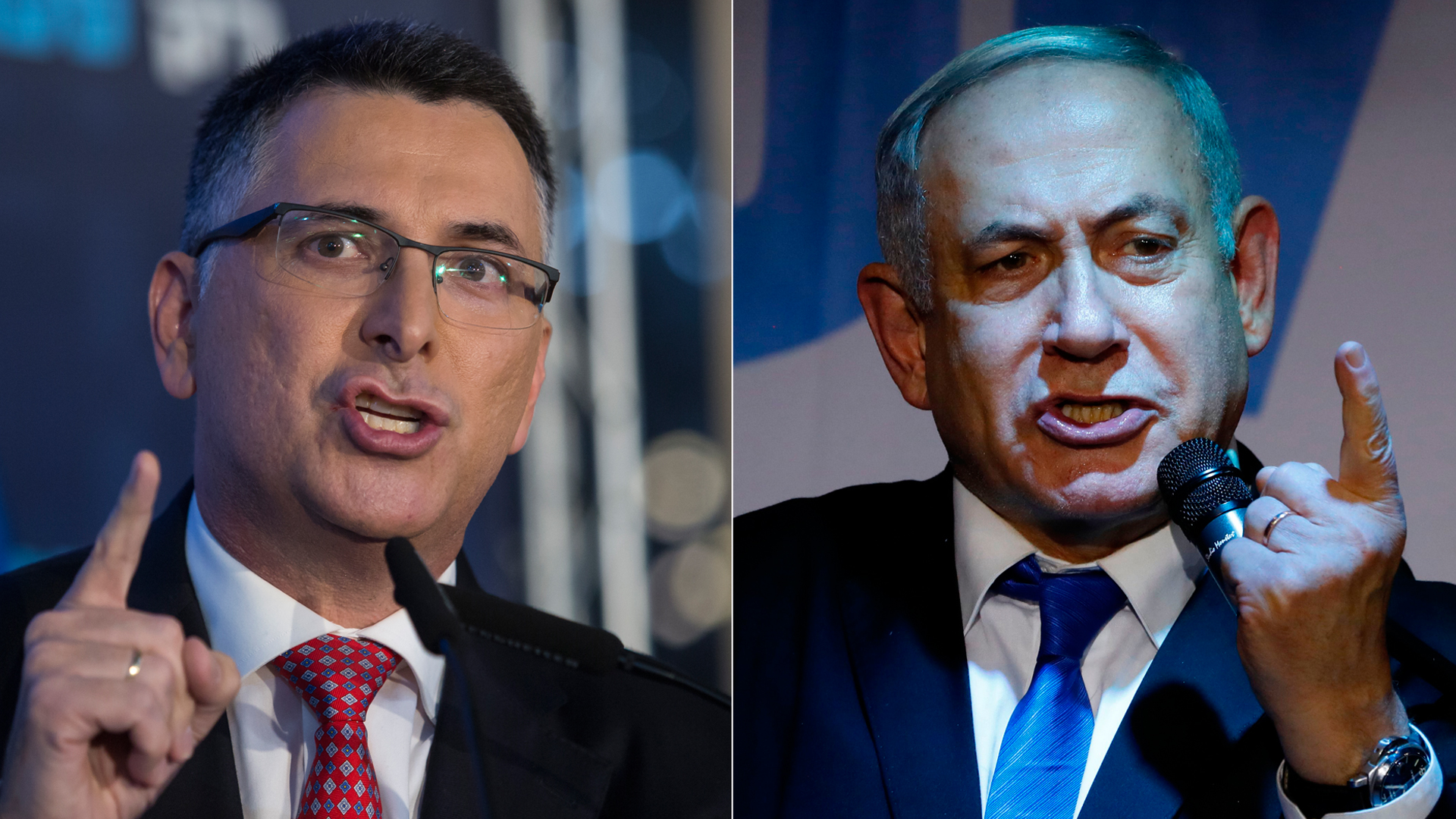 From left to right: Gideon Sa'ar, Likud Party member, speaks at a campaign rally on Dec. 16, 2019, in Or Yehuda, Israel. Sa'ar challenges Prime Minister Benjamin Netanyahu for the Likud leadership primary to be held Dec. 26, 2019. Israeli Prime Minister Benjamin Netanyahu addresses Likud party supporters during an electoral meeting in the Israeli city of Petah Tikva near Tel Aviv on Dec. 18, 2019. (Credit: Amir Levy and Jack Guez/ Getty Images)