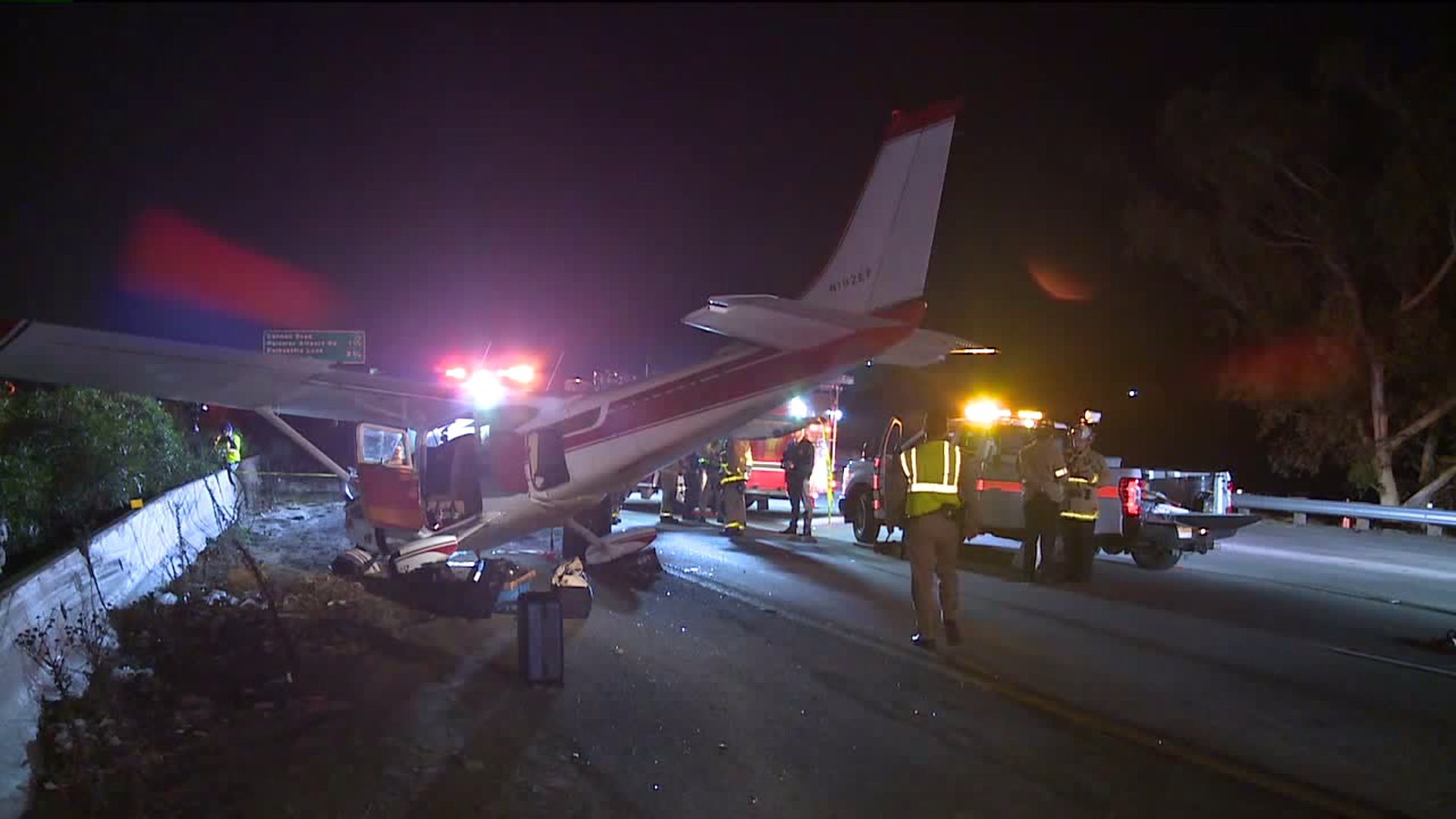 A single-engine Cessna is seen after it landed on the 5 Freeway in Carlsbad on Dec. 12, 2019. (Credit: KSWB)