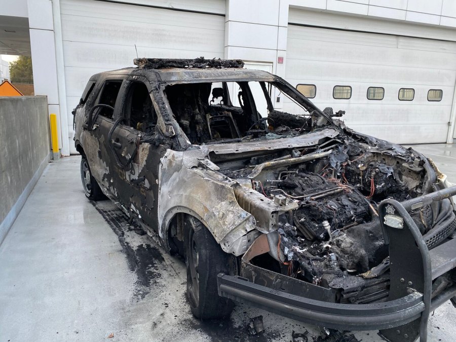 Hawthorne police released this photo of a patrol SUV completely destroyed after a person set it on fire on Dec. 5, 2019.