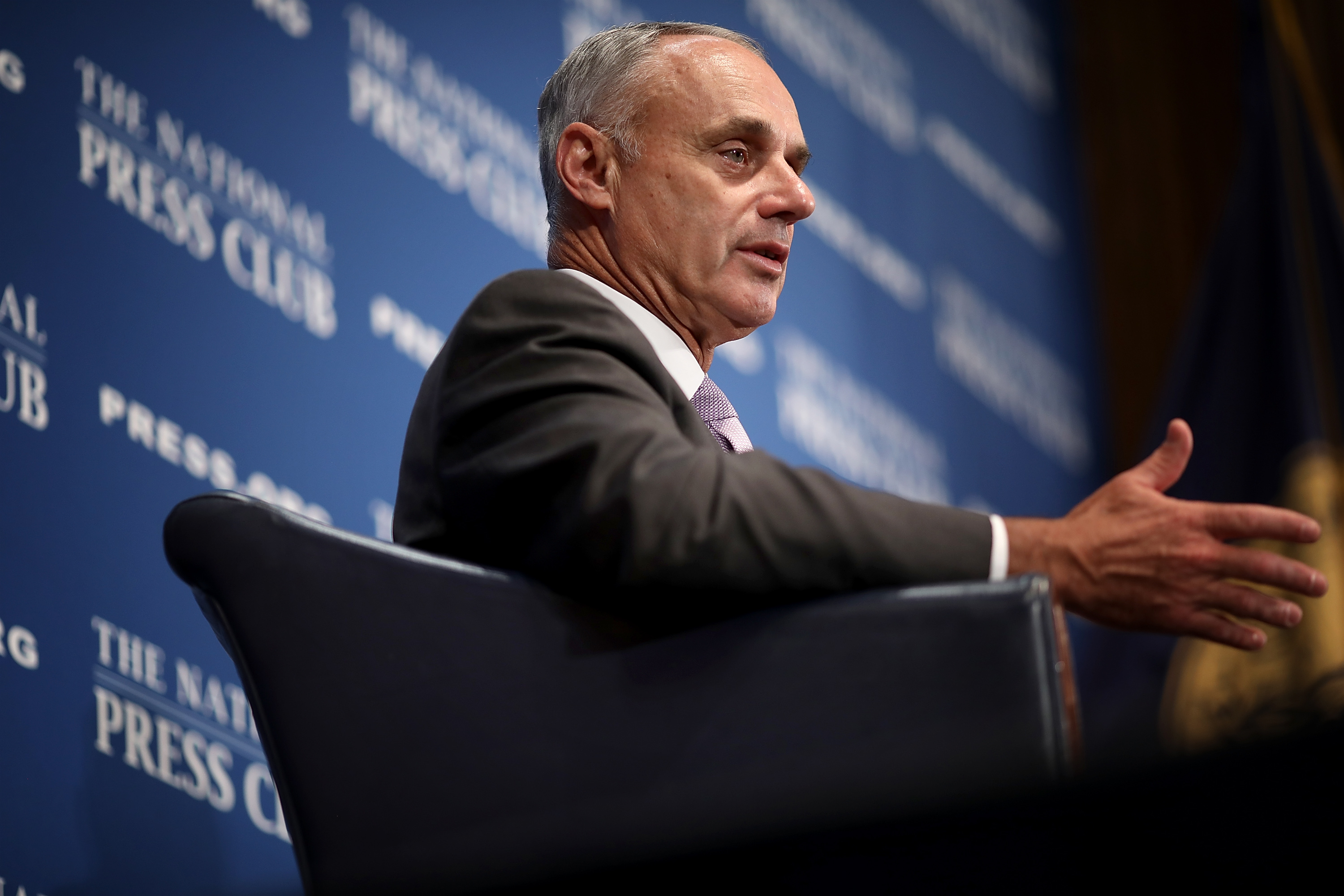 Major League Baseball Commissioner Rob Manfred speaks at the National Press Club July 16, 2018, in Washington, D.C.(Credit: Win McNamee/Getty Images)