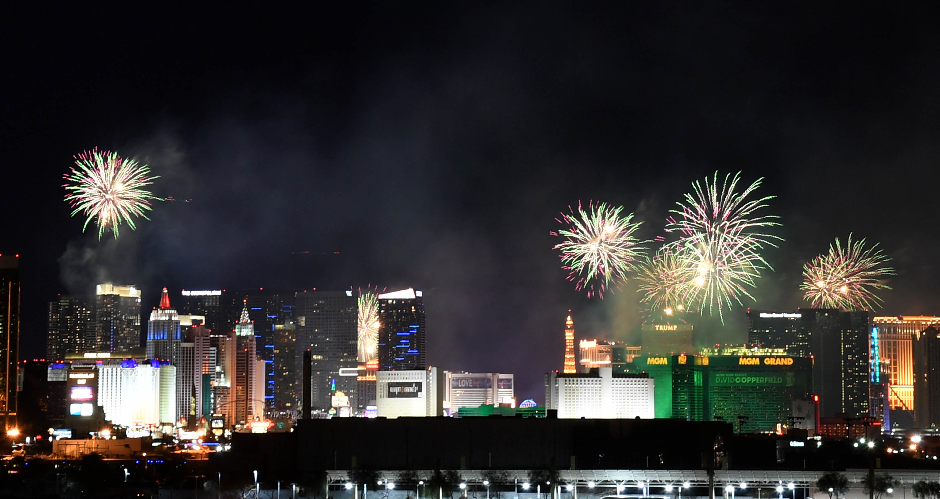 Fireworks illuminate the skyline over the Las Vegas Strip during a pyrotechnics show put on by Fireworks by Grucci titled "America's Party" during a New Year's Eve celebration on Jan. 1, 2019 in Las Vegas. (Credit: Ethan Miller/Getty Images)