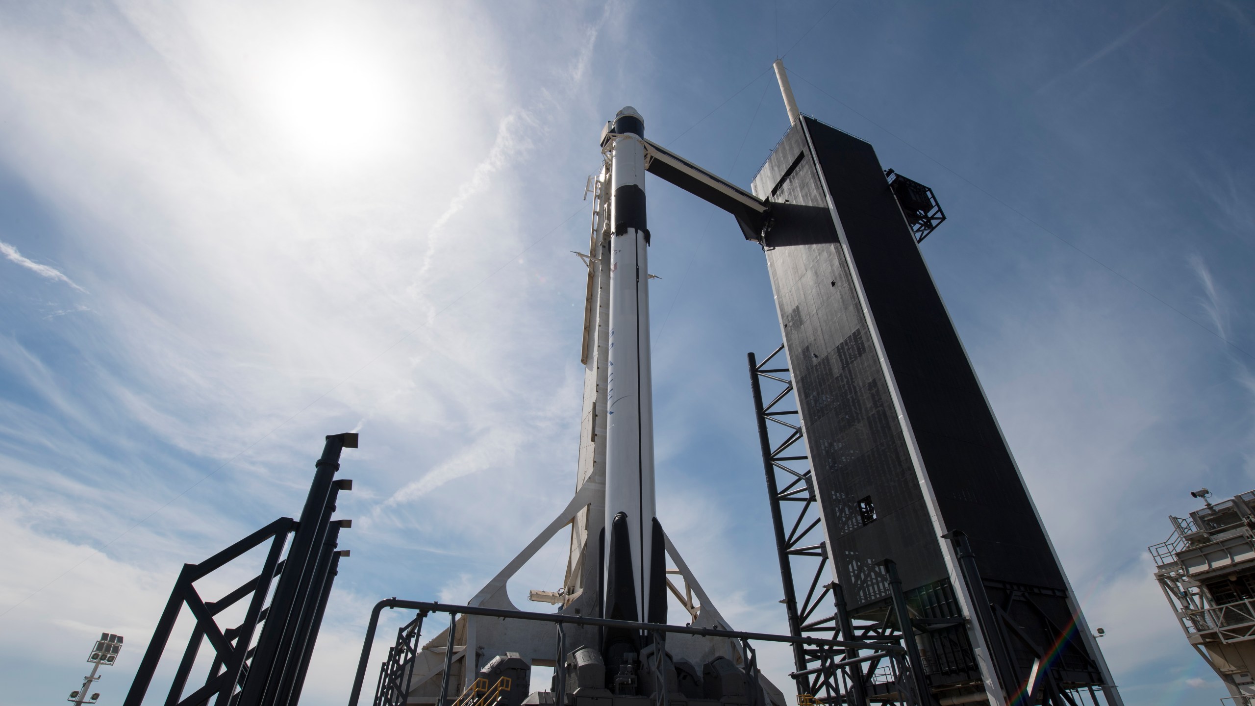 SpaceX Falcon 9 rocket with the company's Crew Dragon spacecraft onboard is seen on the launch pad on Friday, March 1, 2019 at the Kennedy Space Center in Florida. (Credit: Joel Kowsky/NASA via Getty Images)